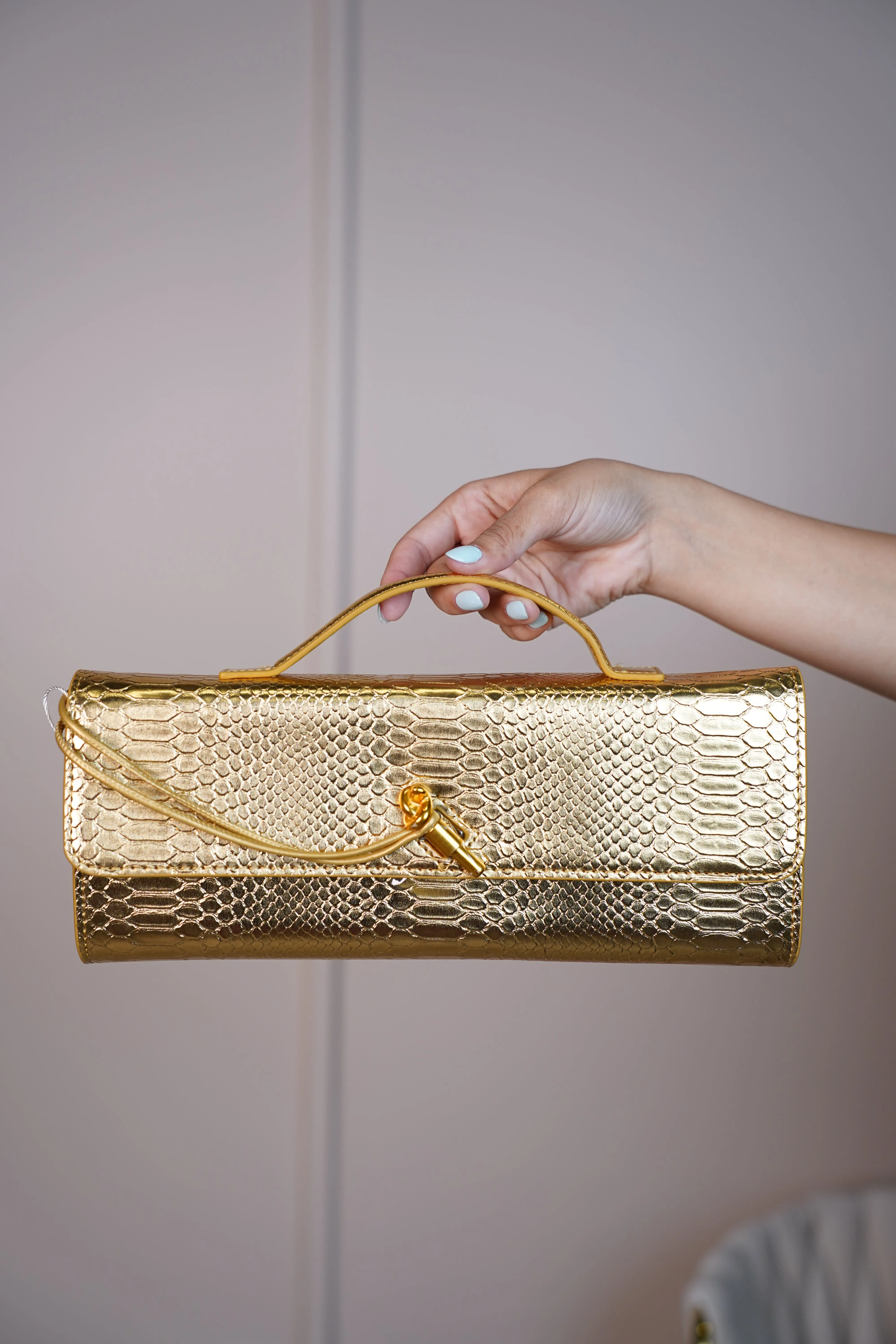 MariaElene Metallic Snake-Embossed Clutch – Structured Handle Bag in 6 Colors
