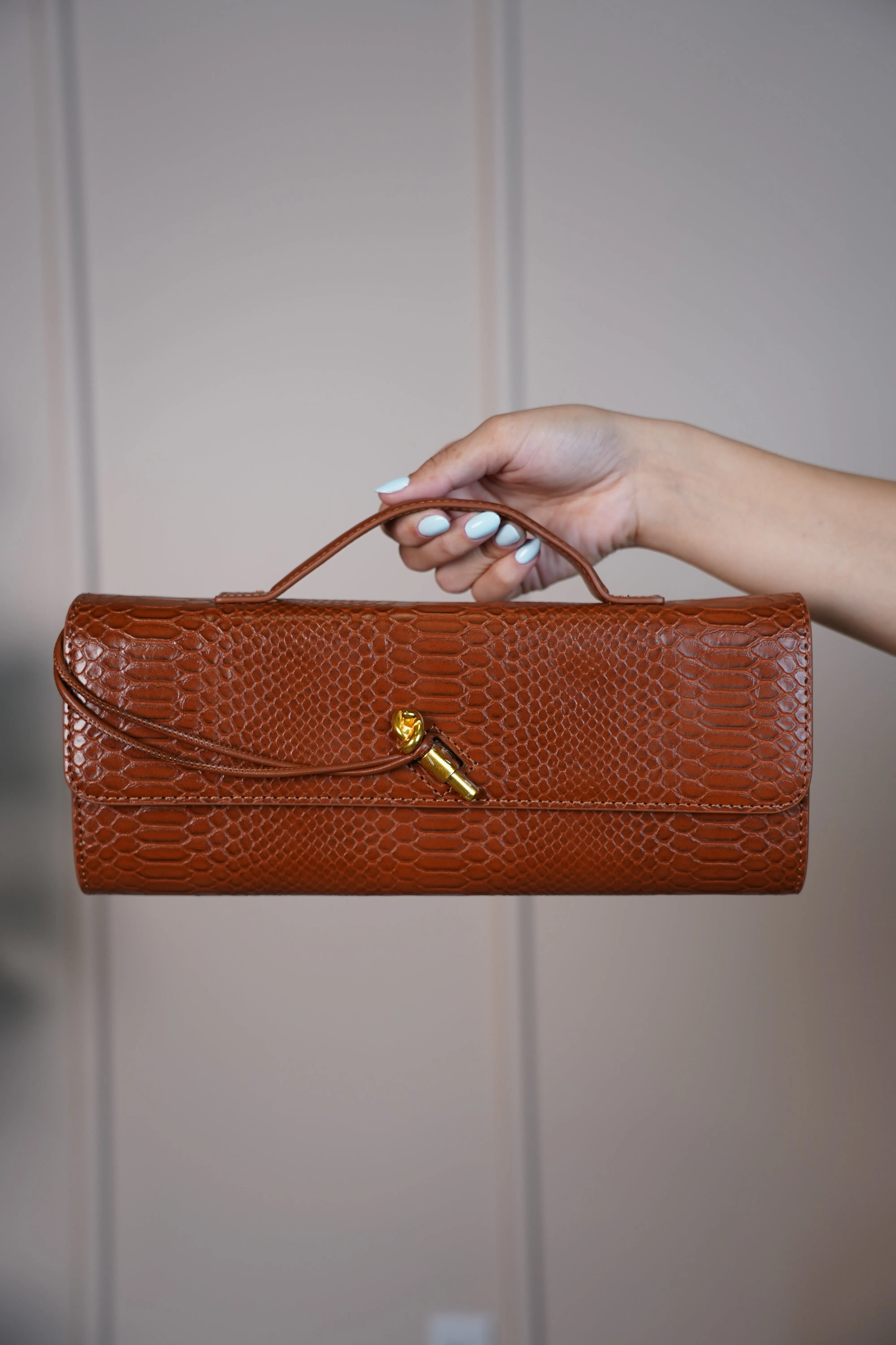 MariaElene Metallic Snake-Embossed Clutch – Structured Handle Bag in 6 Colors