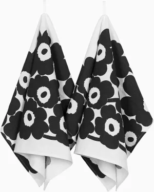 MARIMEKKO Unikko Cotton Linen Kitchen Towel Set of 2 — Refine Your Kitchen Décor with Our Floral Patterned Towels — Stylish and Functional Black and White Kitchen Towels (28 in x 19 in Each)