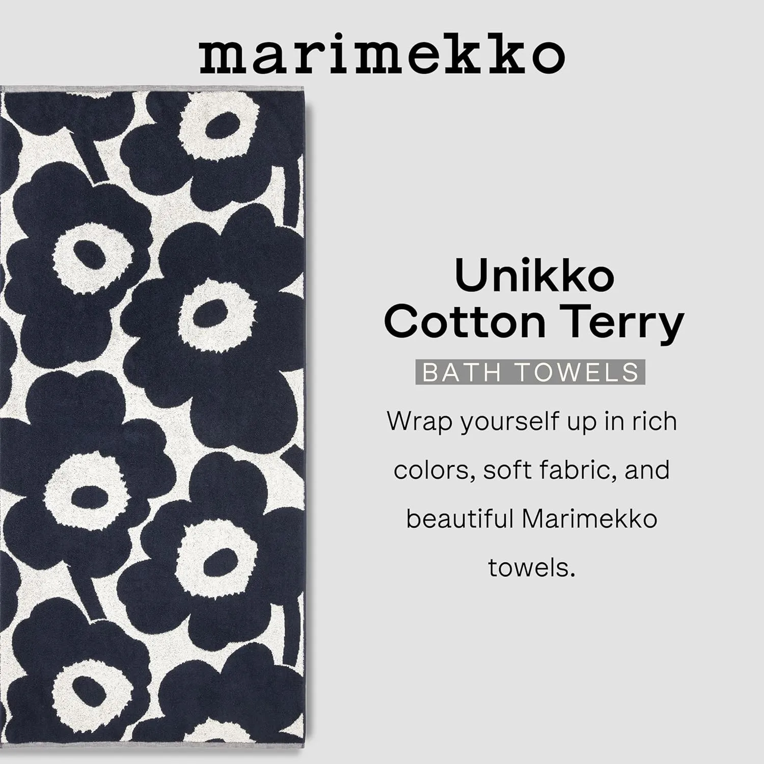 MARIMEKKO Unikko Terry Cotton Bath Towel (Charcoal) – Floral Patterned Bath Towels – 59 in x 28 in