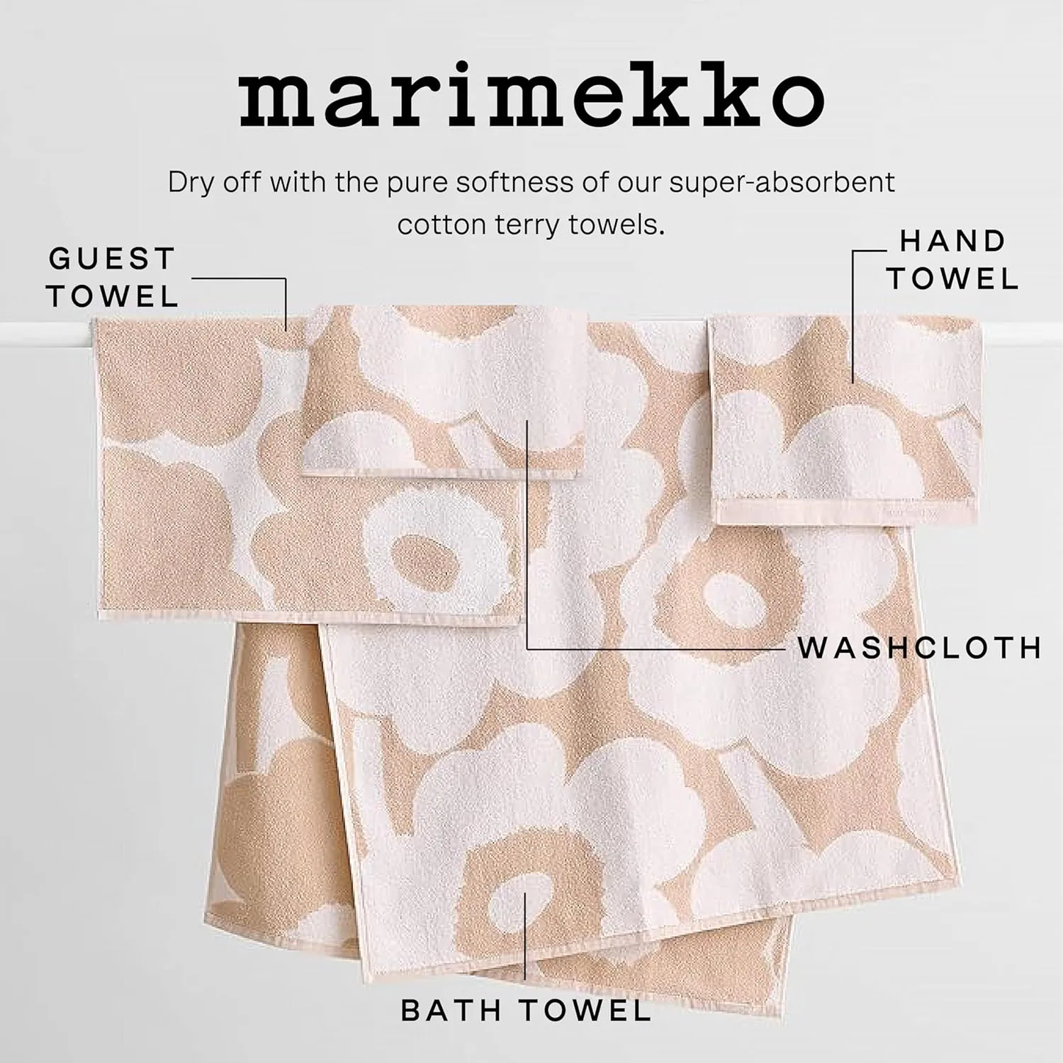 MARIMEKKO Unikko Terry Cotton Guest Towel (Beige) – Floral Patterned Guest Towels – 20 in x 12 in
