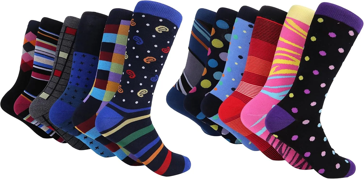 Marino Men's Dress Socks - Colorful Funky Socks for Men - Cotton Fashion Patterned Socks - 12 Pack