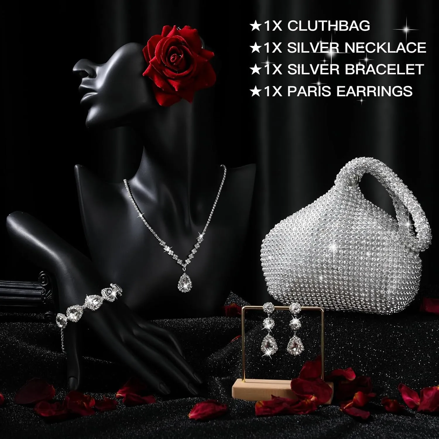 Meanplan 4 Pcs Silver Clutch Purse Jewelry Set for Women Evening Rhinestone Purse Silver Accessories for Women Bride Wedding Jewelry