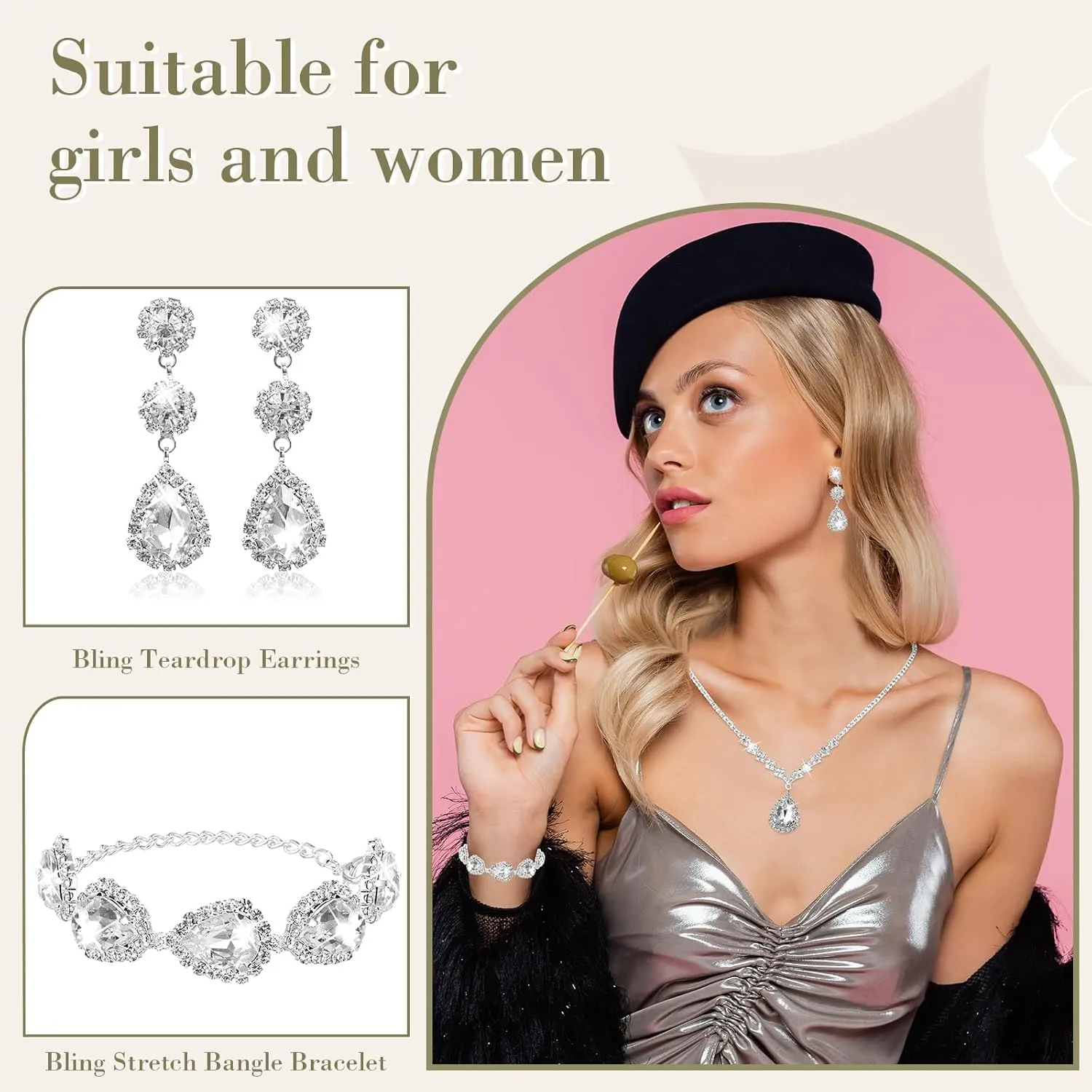 Meanplan 4 Pcs Silver Clutch Purse Jewelry Set for Women Evening Rhinestone Purse Silver Accessories for Women Bride Wedding Jewelry