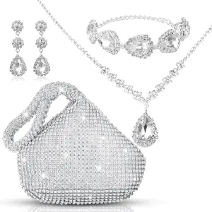 Meanplan 4 Pcs Silver Clutch Purse Jewelry Set for Women Evening Rhinestone Purse Silver Accessories for Women Bride Wedding Jewelry