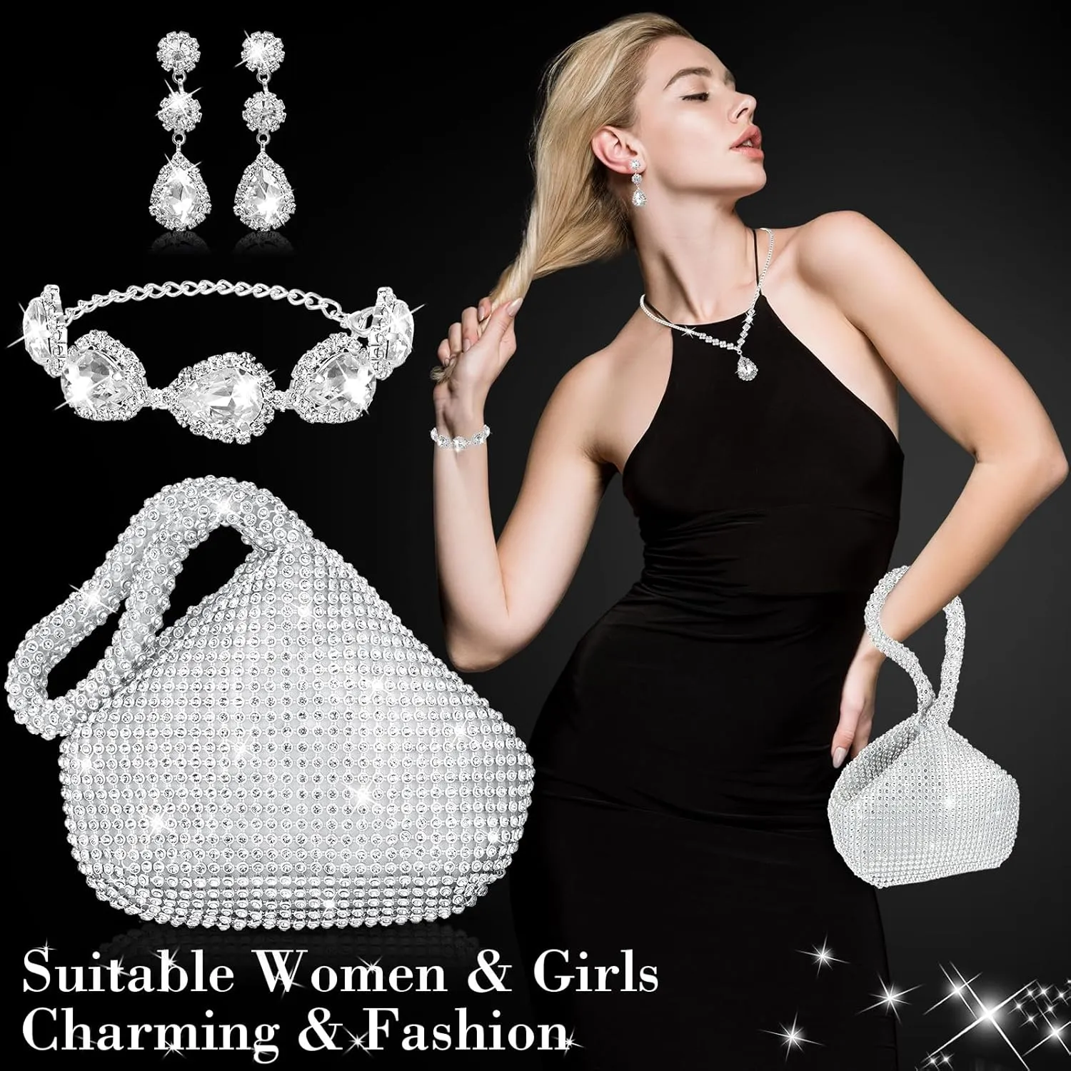 Meanplan 4 Pcs Silver Clutch Purse Jewelry Set for Women Evening Rhinestone Purse Silver Accessories for Women Bride Wedding Jewelry