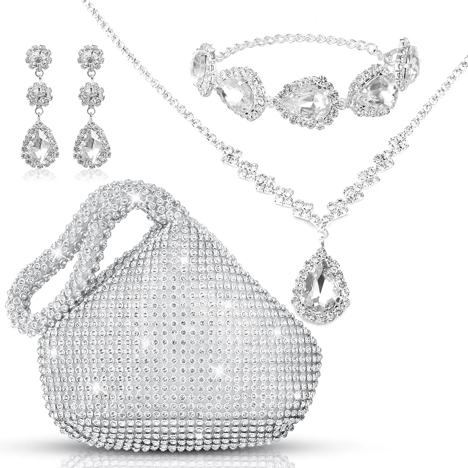Meanplan 4 Pcs Silver Clutch Purse Jewelry Set for Women Evening Rhinestone Purse Silver Accessories for Women Bride Wedding Jewelry