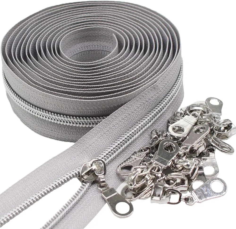 MebuZip #5 Silver Metallic Nylon Coil Zippers by The Yard Bulk Coil Zipper Roll 10 Yards with 25pcs Pulls for DIY Sewing Craft Bags (Grey)