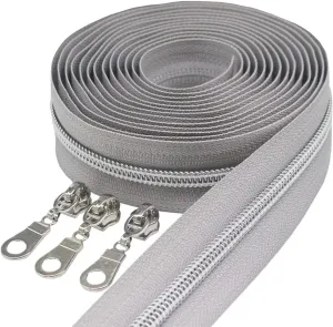 MebuZip #5 Silver Metallic Nylon Coil Zippers by The Yard Bulk Coil Zipper Roll 10 Yards with 25pcs Pulls for DIY Sewing Craft Bags (Grey)