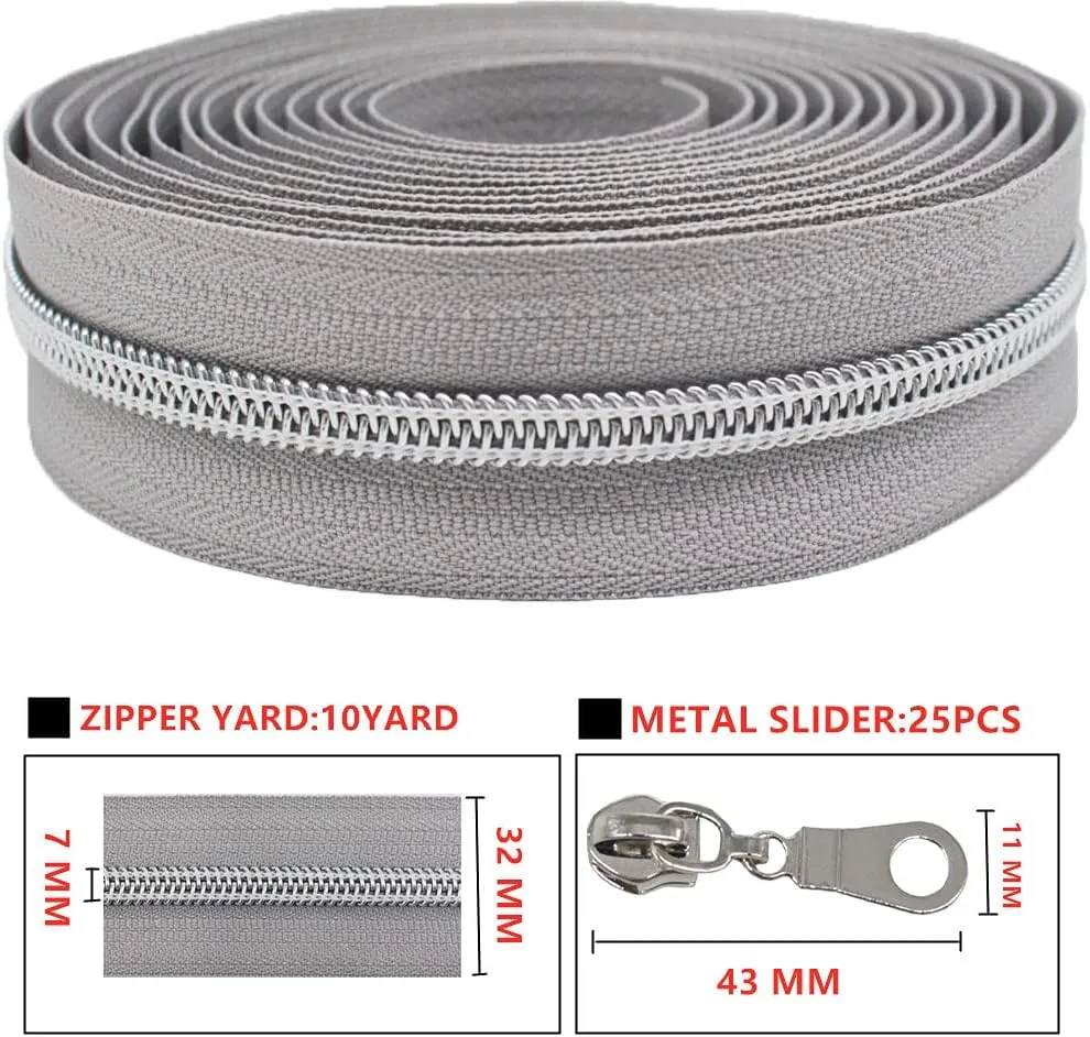 MebuZip #5 Silver Metallic Nylon Coil Zippers by The Yard Bulk Coil Zipper Roll 10 Yards with 25pcs Pulls for DIY Sewing Craft Bags (Grey)