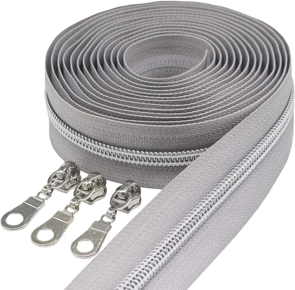 MebuZip #5 Silver Metallic Nylon Coil Zippers by The Yard Bulk Coil Zipper Roll 10 Yards with 25pcs Pulls for DIY Sewing Craft Bags (Grey)