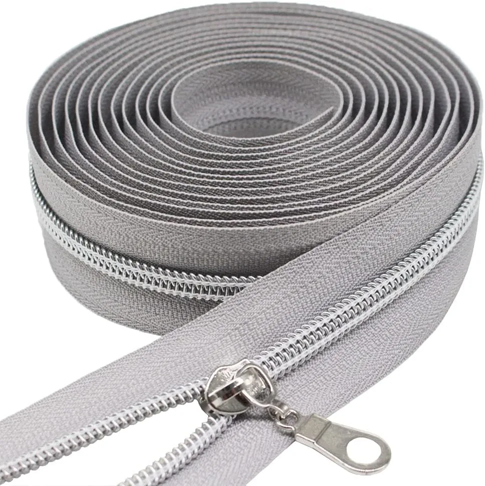 MebuZip #5 Silver Metallic Nylon Coil Zippers by The Yard Bulk Coil Zipper Roll 10 Yards with 25pcs Pulls for DIY Sewing Craft Bags (Grey)