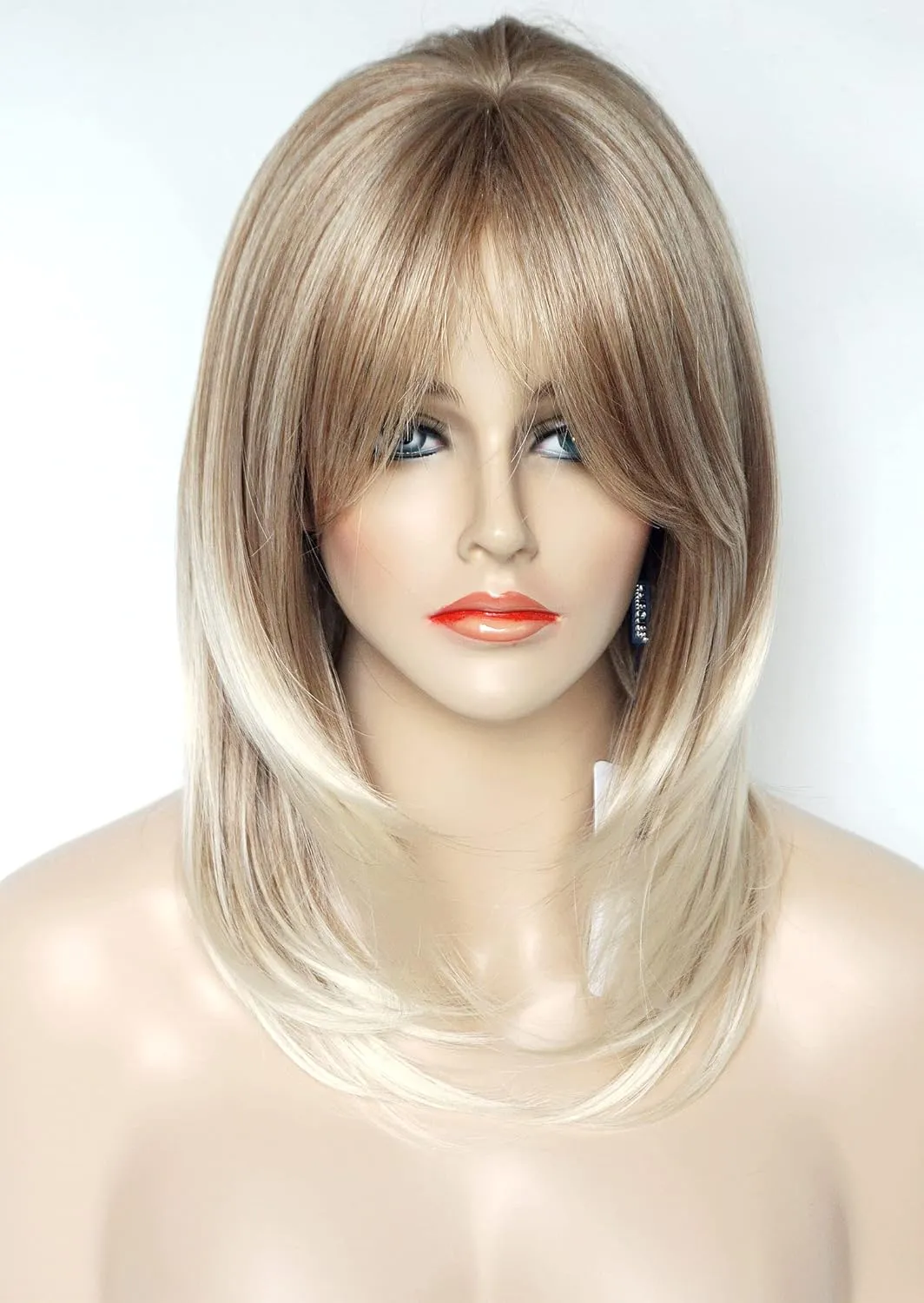 Medium Length Layered Golden Blonde Wigs with dark roots Highlights wigs Layered wig with bangs Synthetic wig Highlight for white Women (Golden blonde)