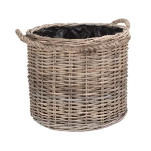 Medium Rope Handled Rattan Round Planter With Plastic Lining