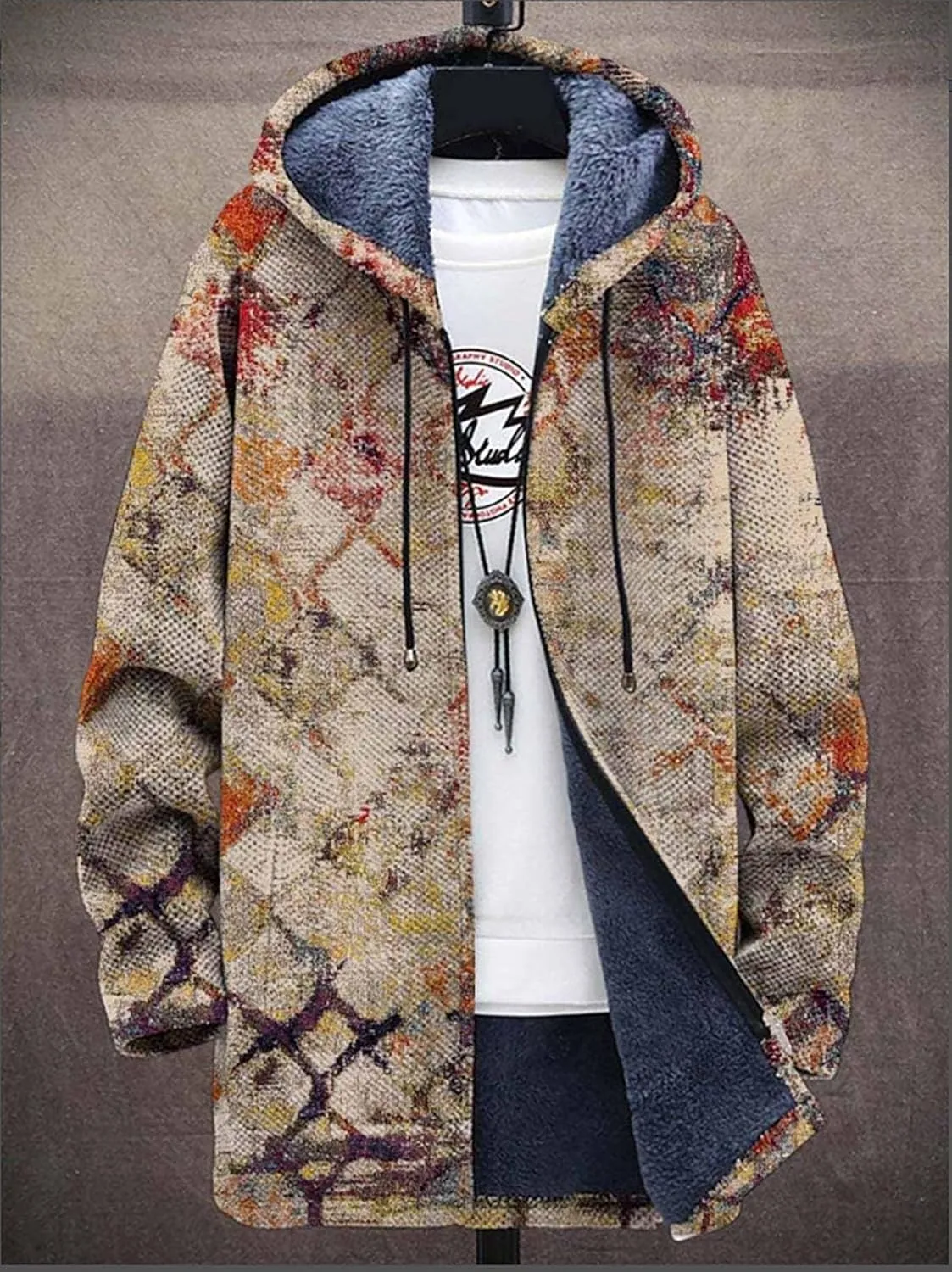 Men's Long Cardigan Hoodies 2023 Fashion Patterned Fleece Lined Full Zipper Cable Knit Sweater Coats with Pockets