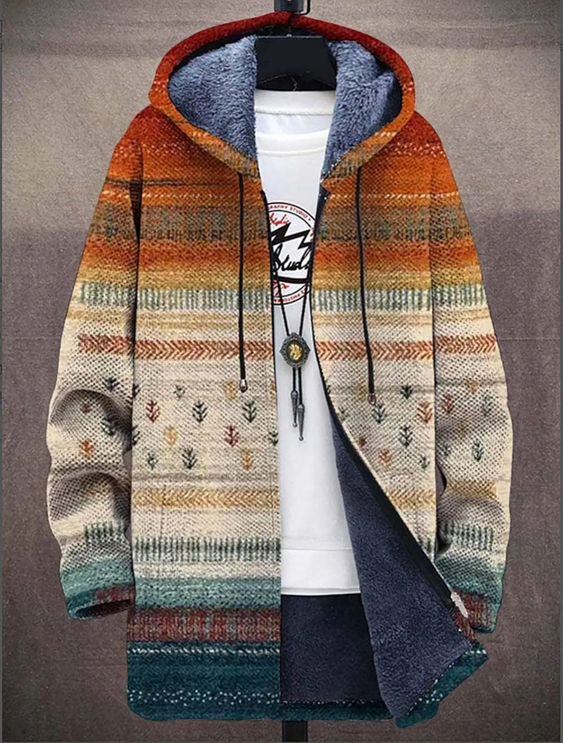 Men's Long Cardigan Hoodies 2023 Fashion Patterned Fleece Lined Full Zipper Cable Knit Sweater Coats with Pockets