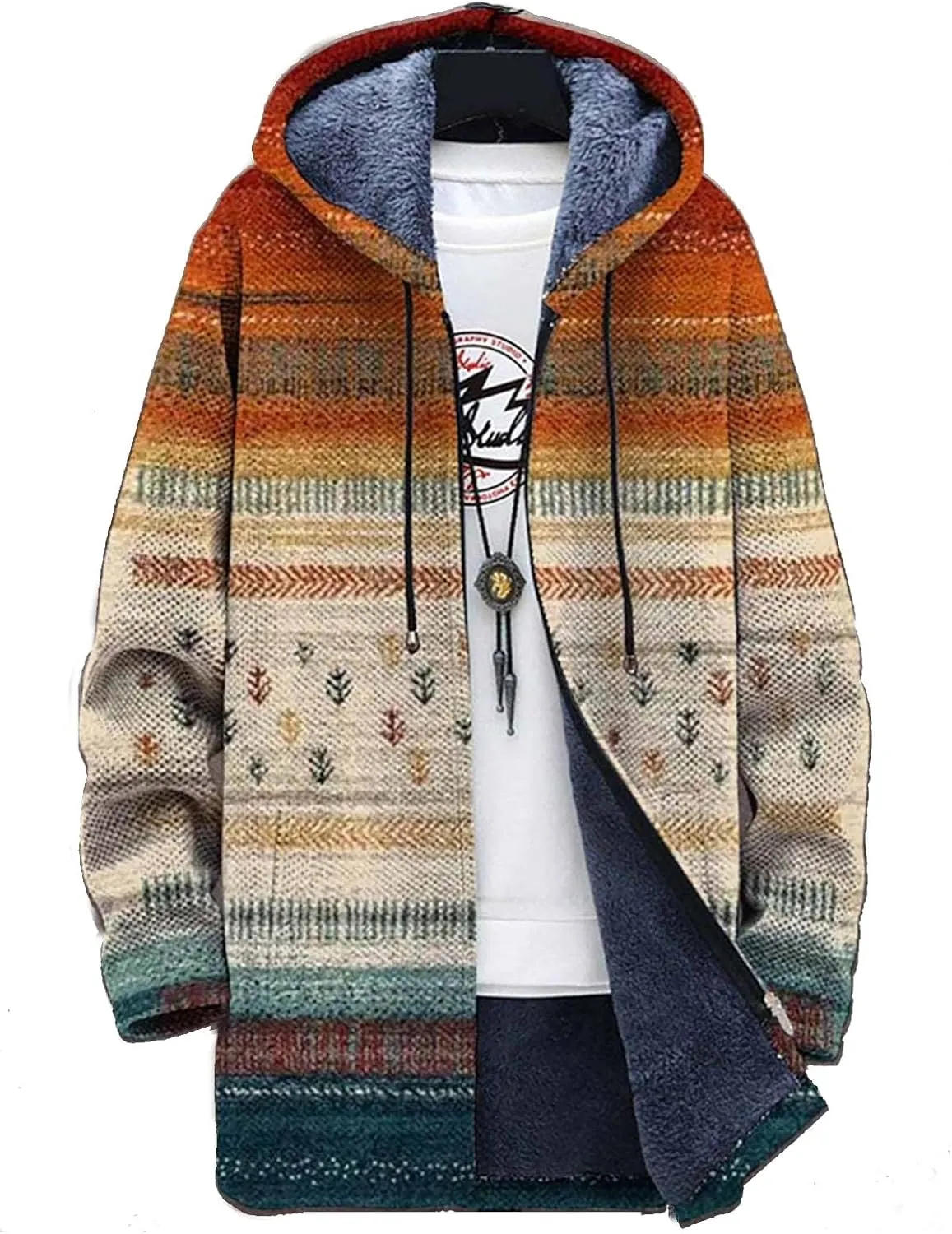 Men's Long Cardigan Hoodies 2023 Fashion Patterned Fleece Lined Full Zipper Cable Knit Sweater Coats with Pockets
