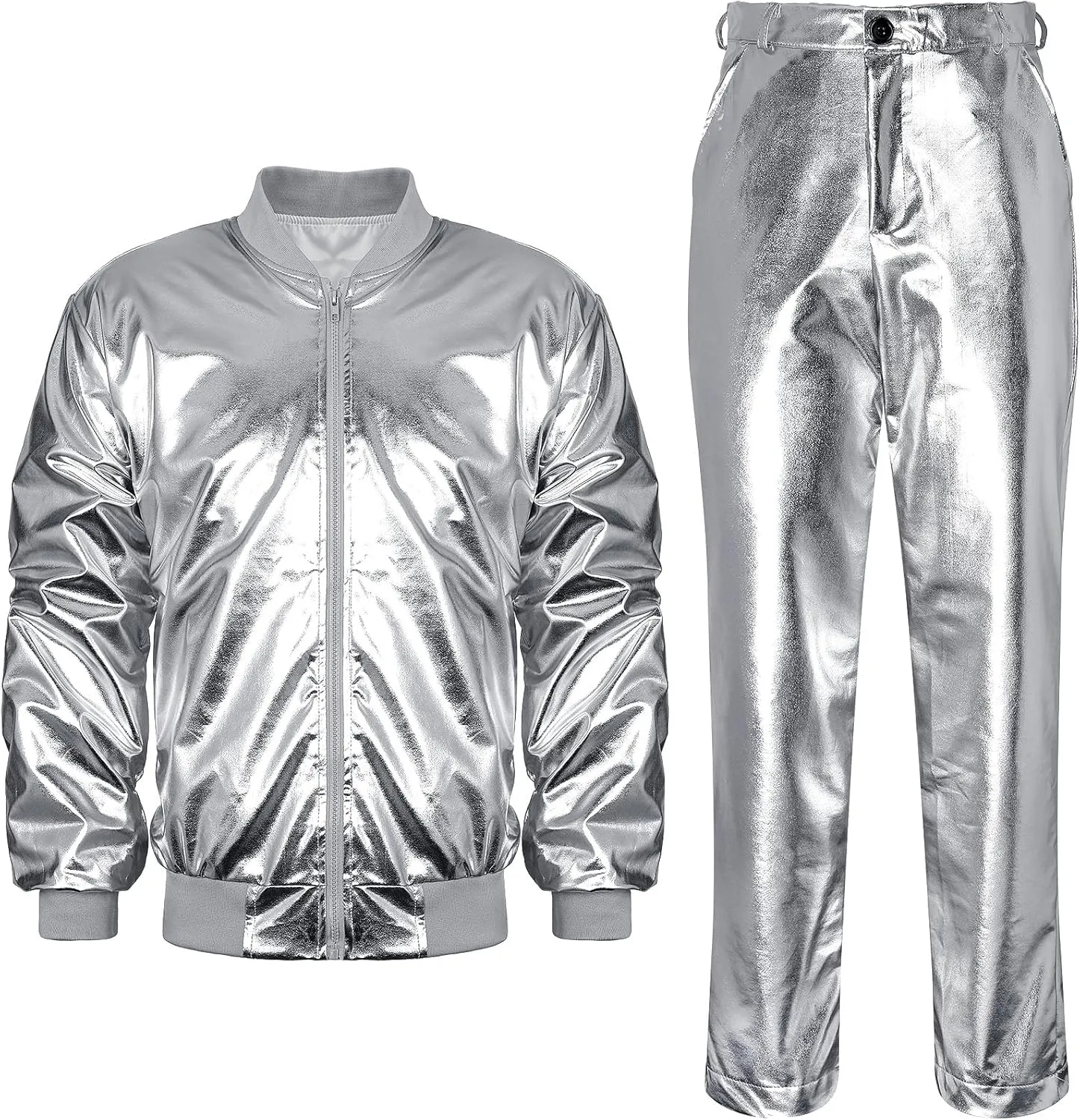 Men's Metallic Jacket and Pants Set Jacket Men Straight Leg Trousers Costume for Men Disco Cosplay Party