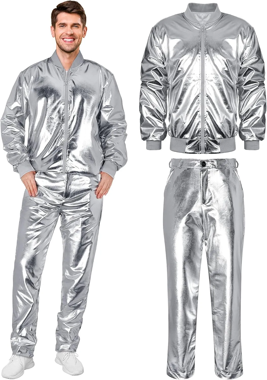 Men's Metallic Jacket and Pants Set Jacket Men Straight Leg Trousers Costume for Men Disco Cosplay Party