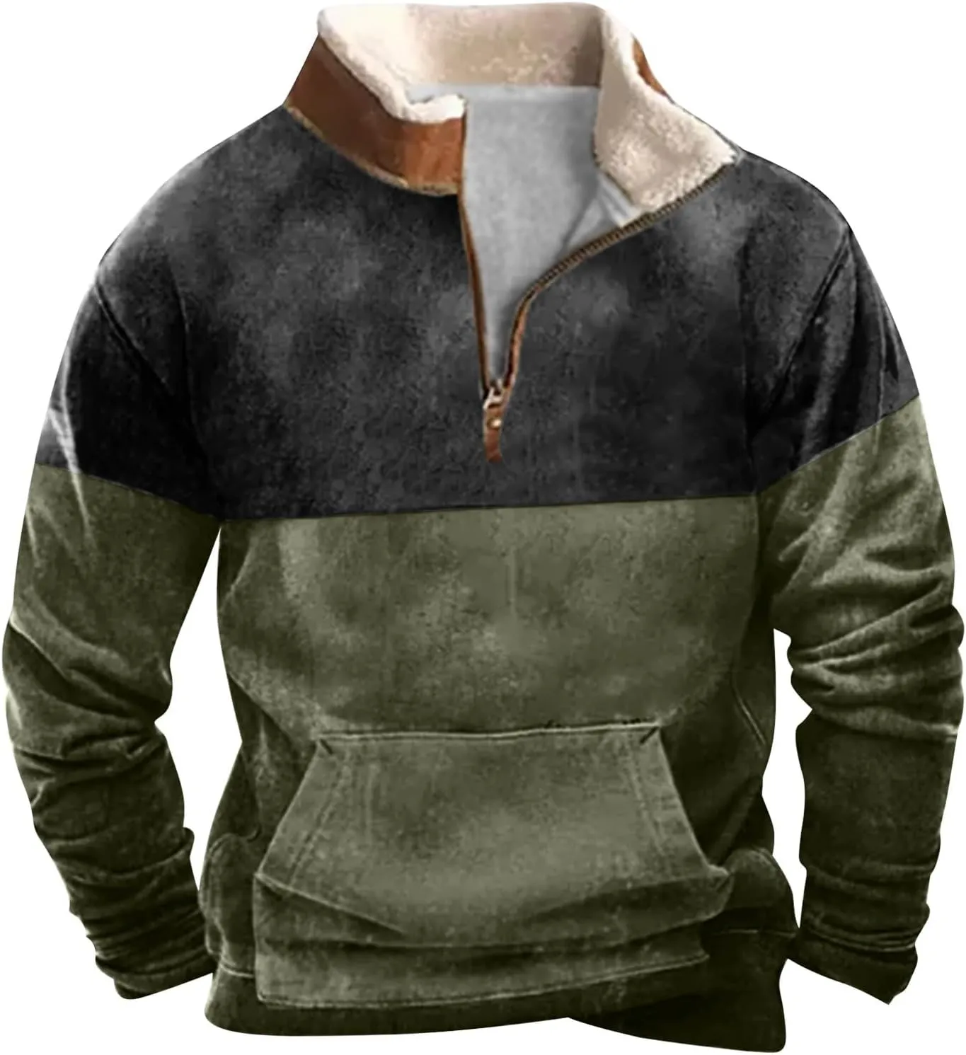 Men's Quarter Zipper Sherpa Sweatshirts 2025 Thermal Warm Sweater 1/4 Zip Stand Collar Cowboy Print Tactical Jacket
