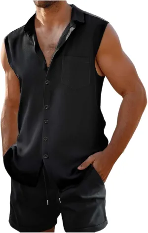 Mens Summer Track Suits Waffle Knit Sleeveless Polo Shirt and Shorts Set Casual 2 Pieces Breathable Outfits with Pockets