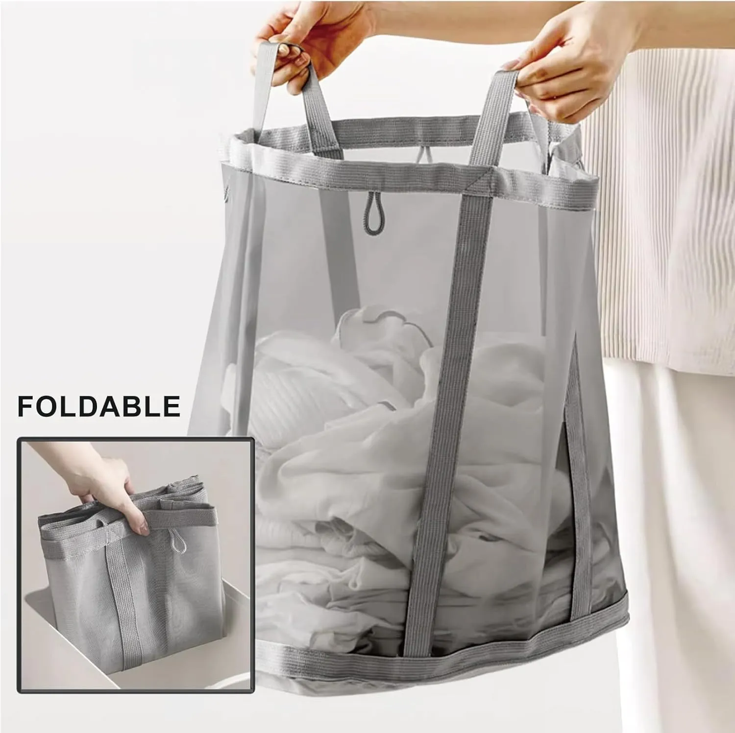 Mesh Bag with Handles, Collapsible Laundry Basket, Foldable Laundry Bag, Breathable Folding Beach Bag,Space-saving Travel Tote Bags (2, Grey)
