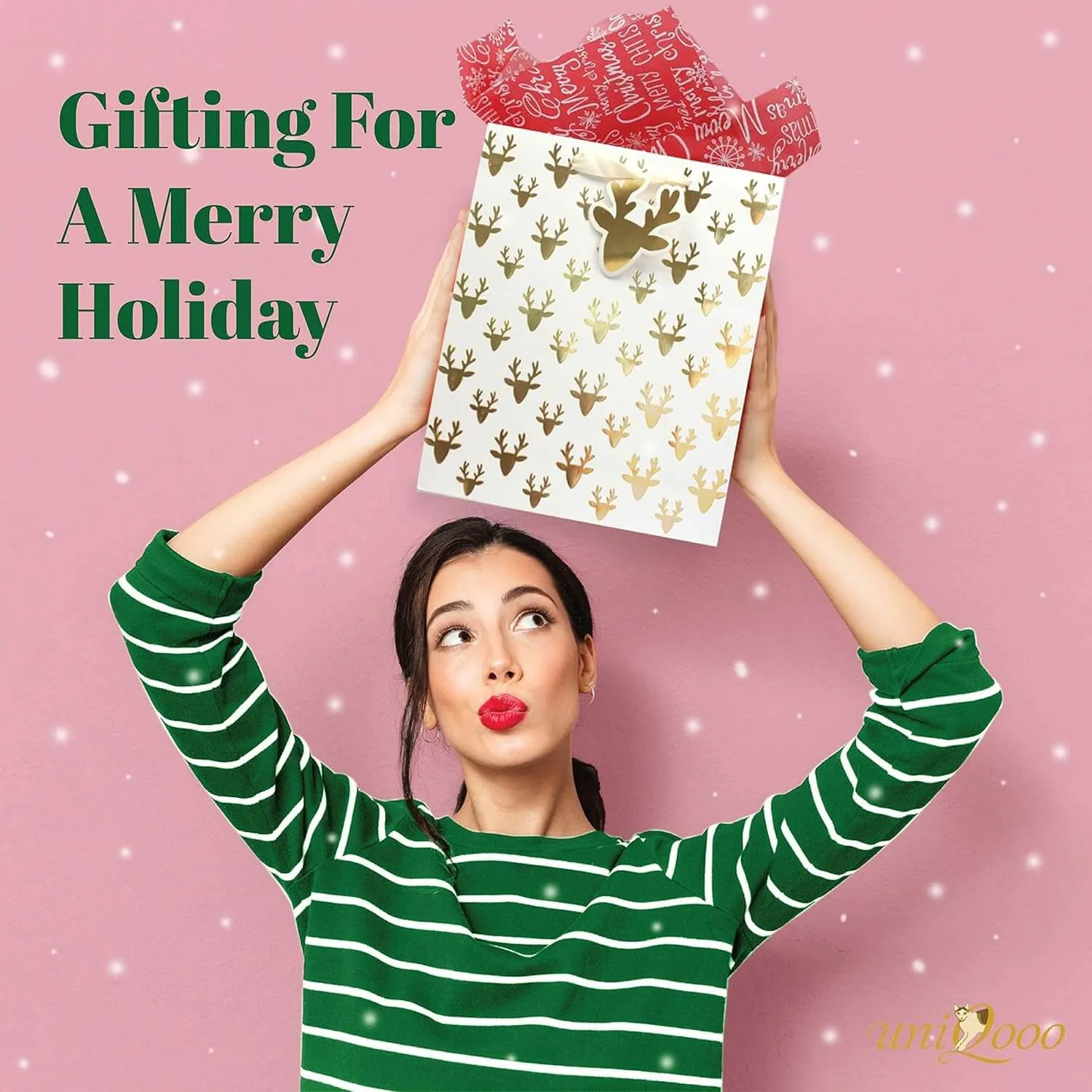 Metallic Gold Christmas Prints Large Gift Bags, Pack of 12