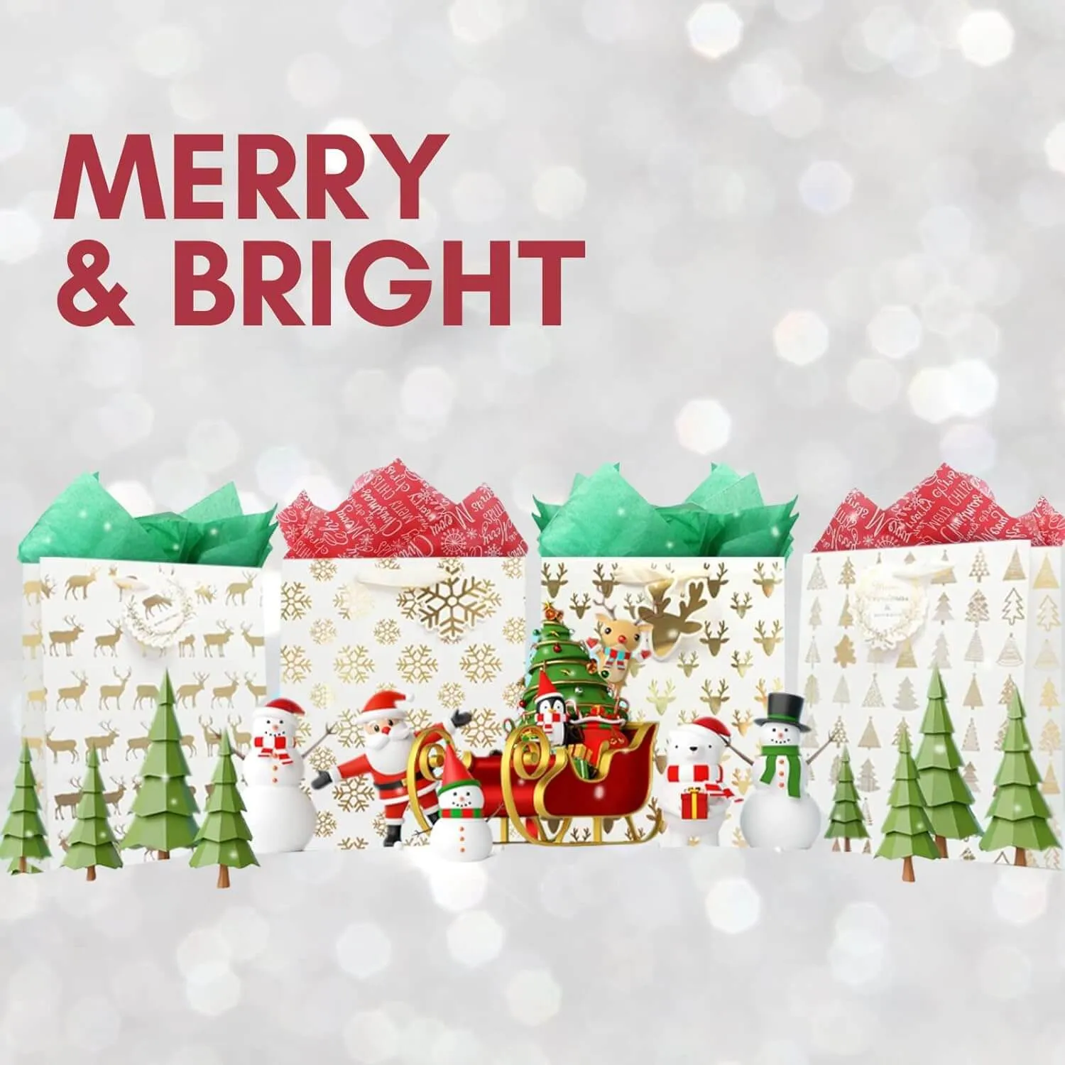 Metallic Gold Christmas Prints Large Gift Bags, Pack of 12