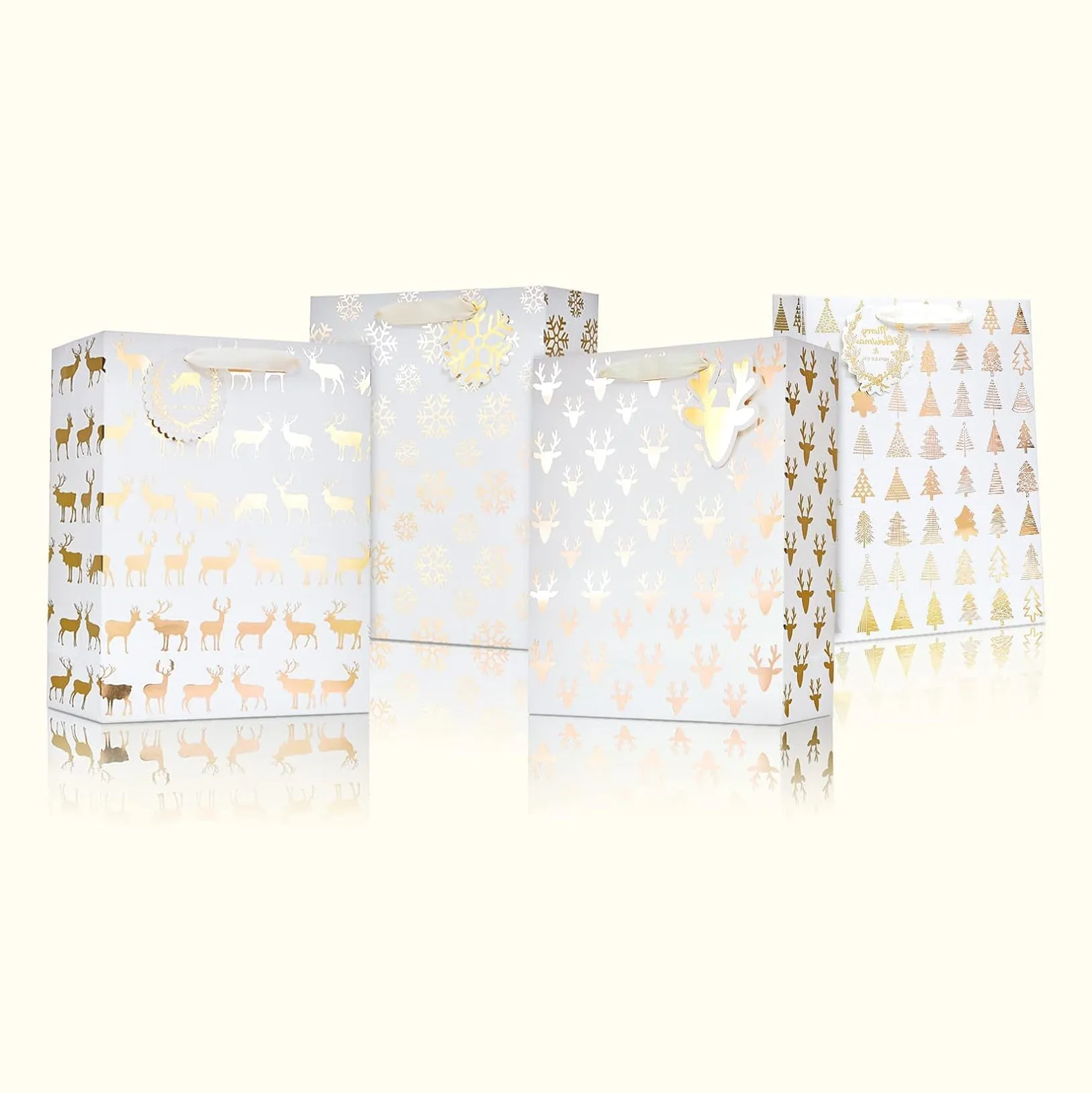Metallic Gold Christmas Prints Large Gift Bags, Pack of 12