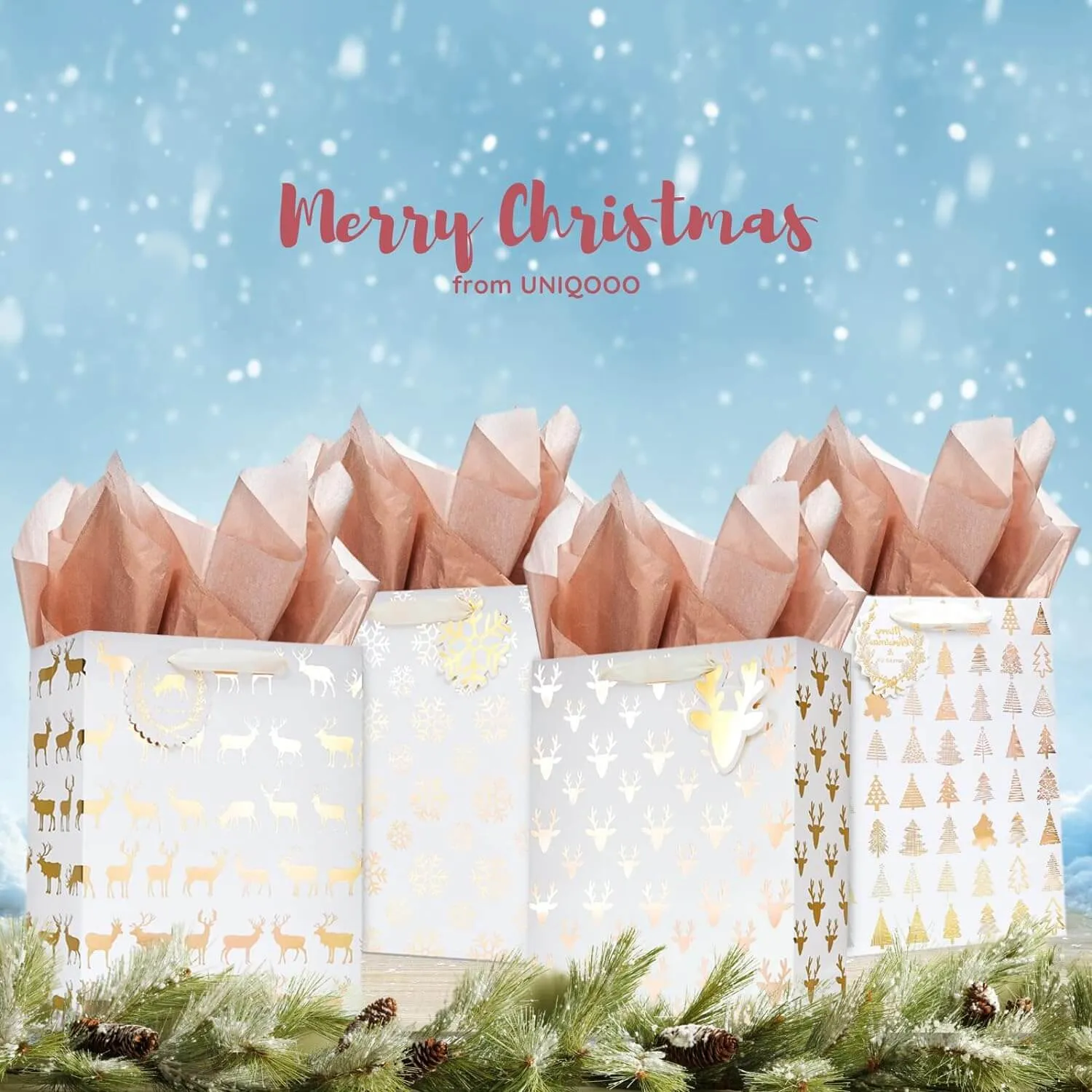 Metallic Gold Christmas Prints Large Gift Bags, Pack of 12