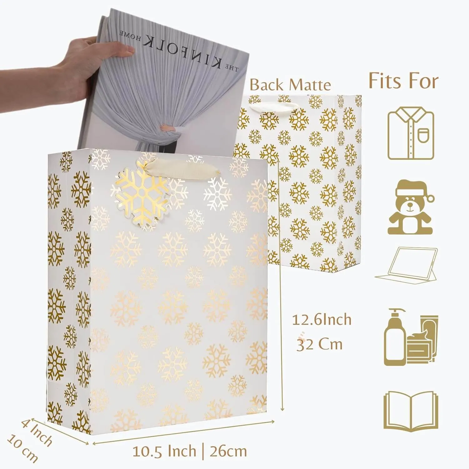 Metallic Gold Christmas Prints Large Gift Bags, Pack of 12