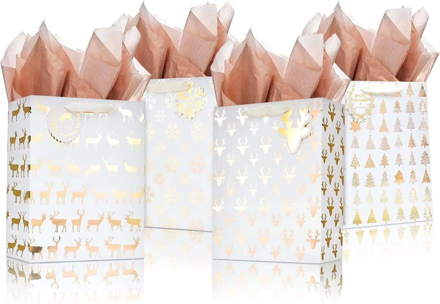 Metallic Gold Christmas Prints Large Gift Bags, Pack of 12