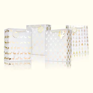 Metallic Gold Christmas Prints Large Gift Bags, Pack of 12