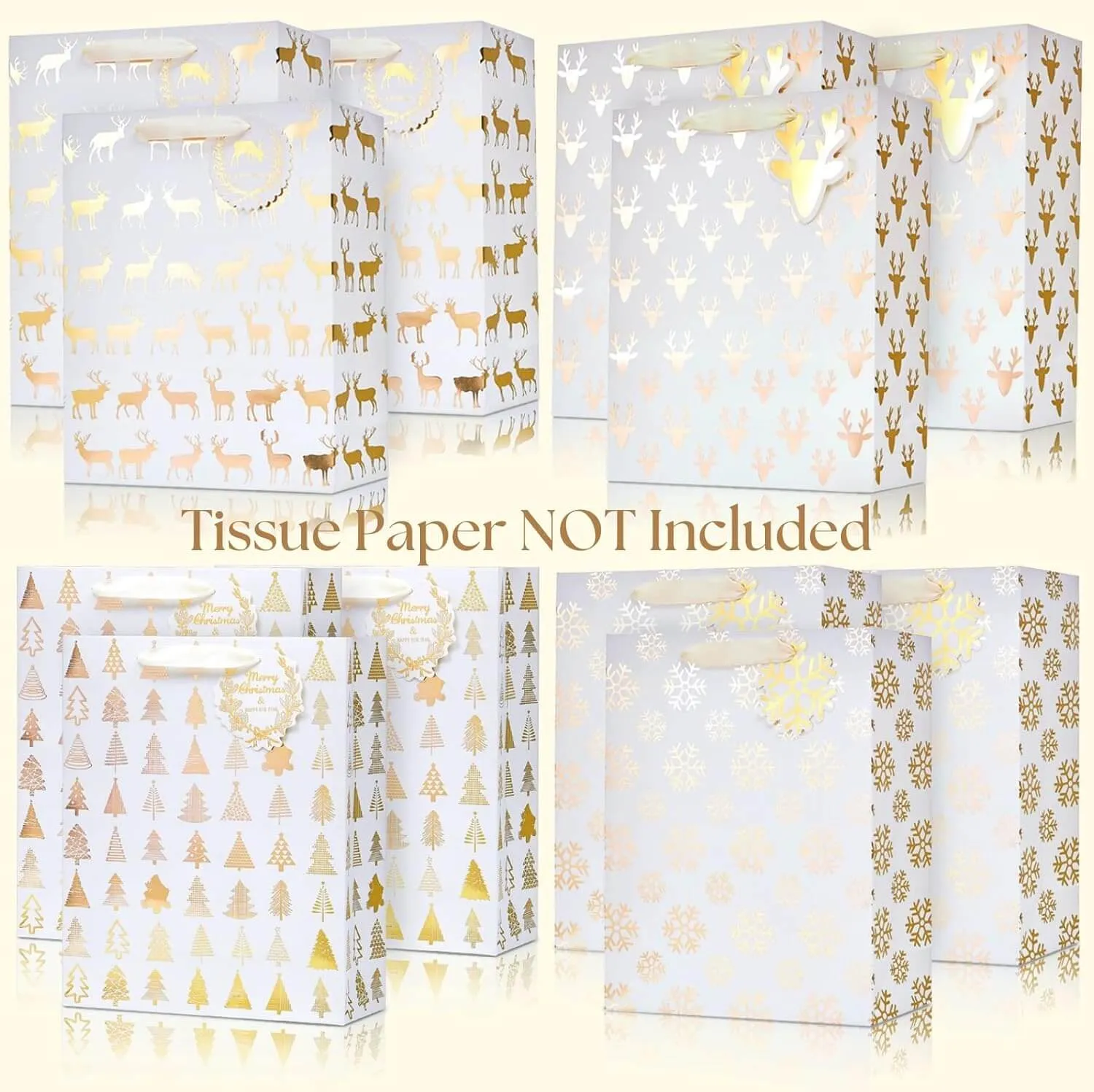 Metallic Gold Christmas Prints Large Gift Bags, Pack of 12