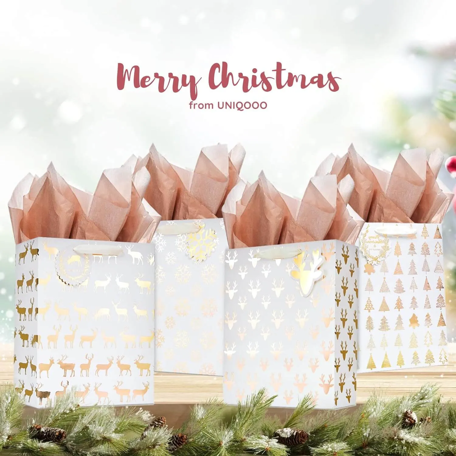 Metallic Gold Christmas Prints Large Gift Bags, Pack of 12
