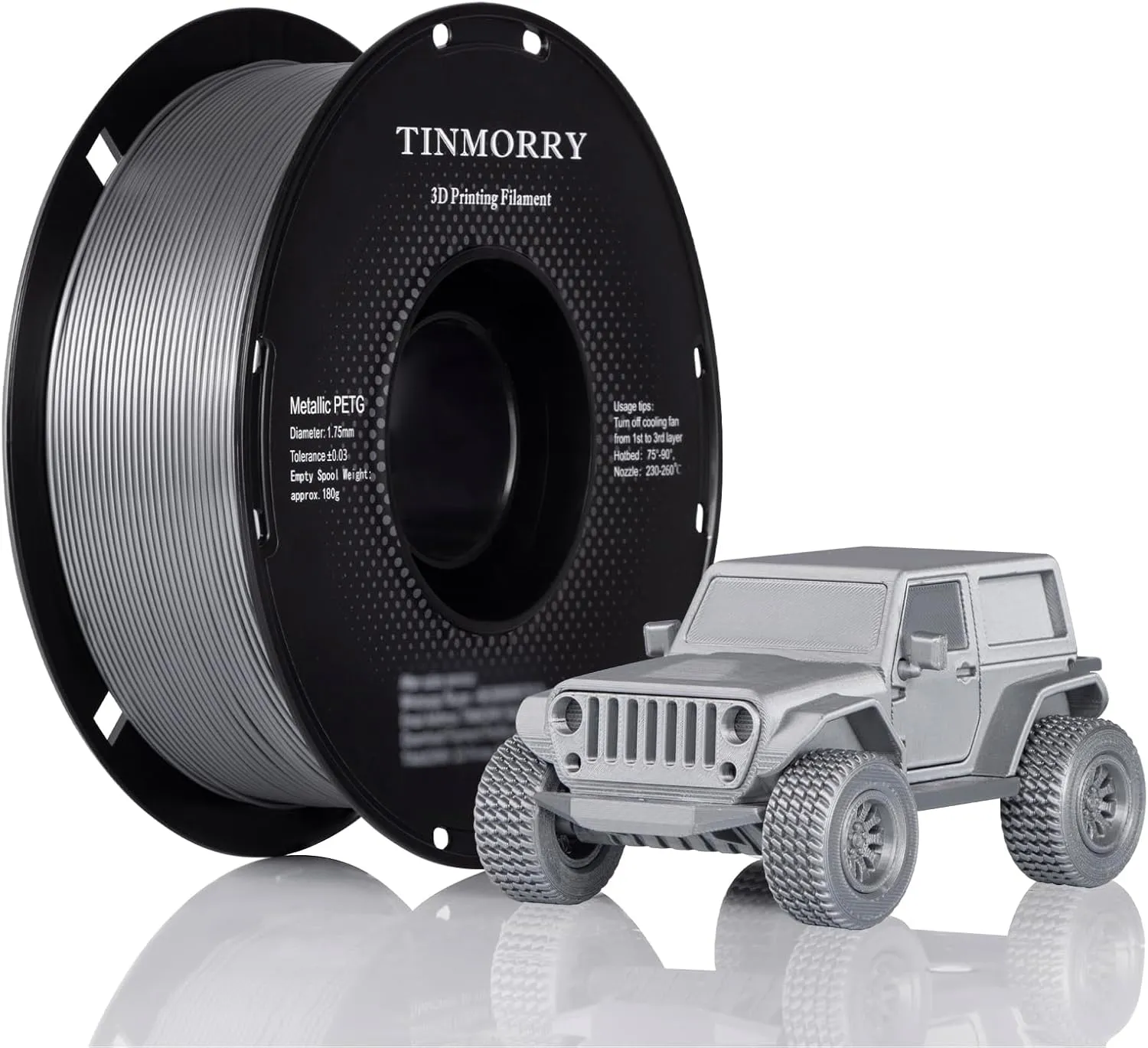 Metallic PETG Filament 1.75mm, TINMORRY Rapid PETG 3D Printing Filament, PETG with a Rapid Flow Rate, Compatible with Bambu Lab FDM 3D Printer, 1KG, Chrome/Metal Silver