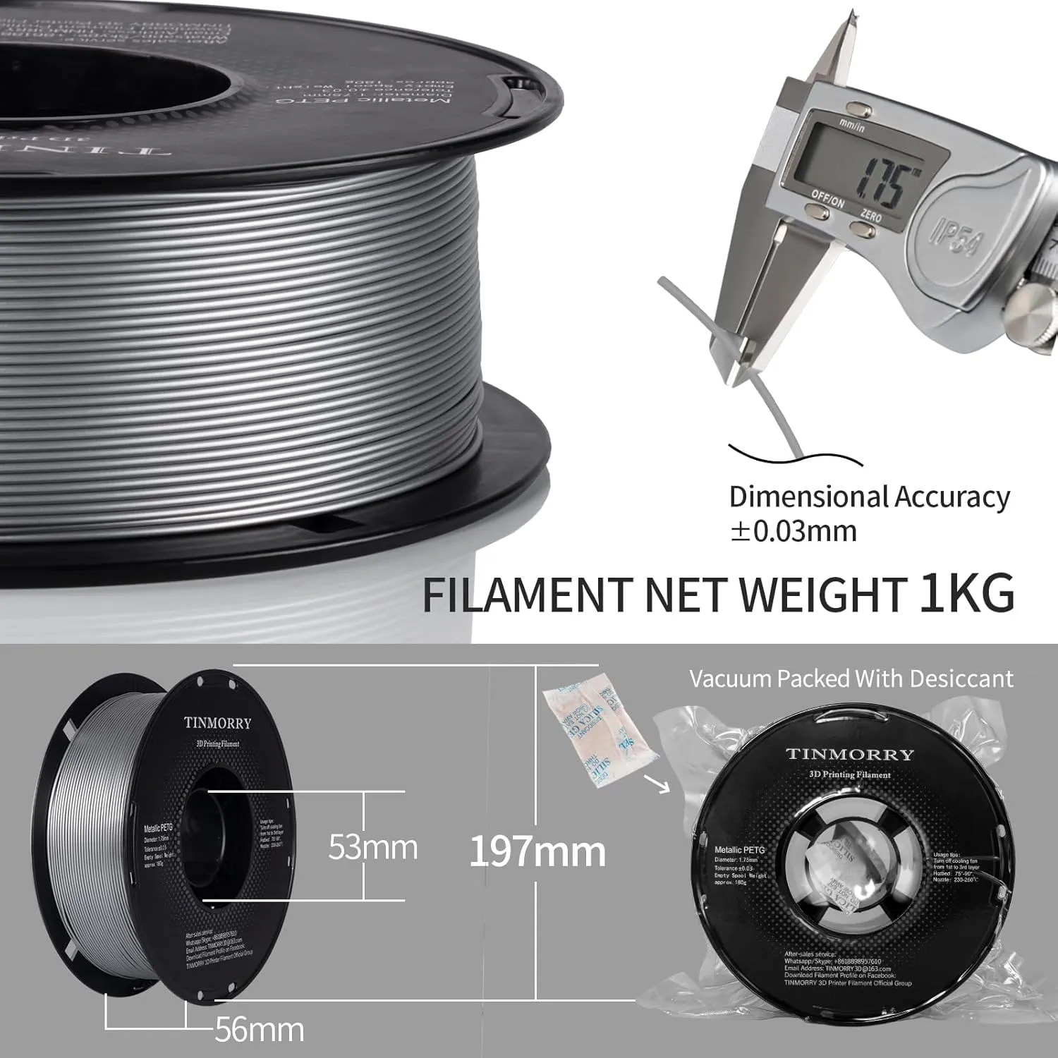Metallic PETG Filament 1.75mm, TINMORRY Rapid PETG 3D Printing Filament, PETG with a Rapid Flow Rate, Compatible with Bambu Lab FDM 3D Printer, 1KG, Chrome/Metal Silver