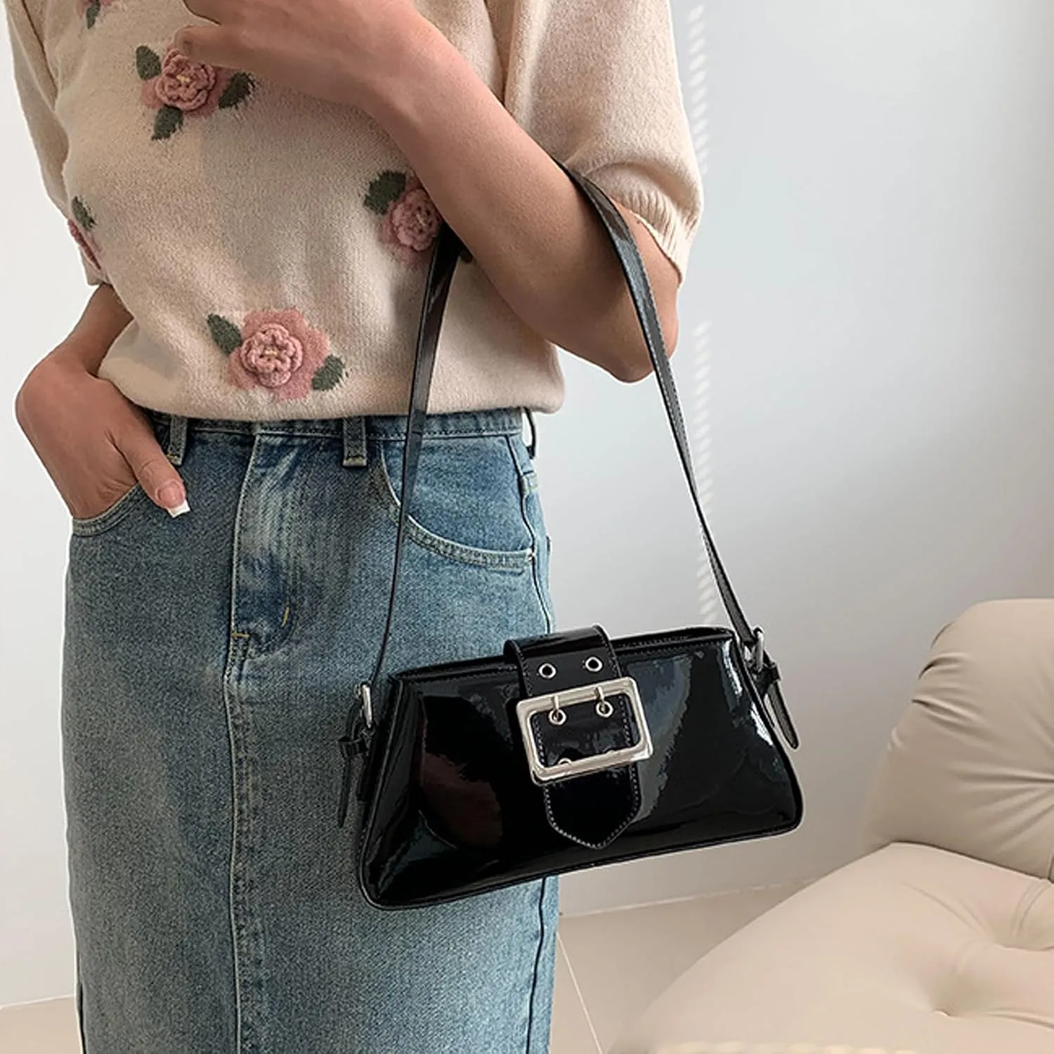 Metallic Shoulder Evening Bag Buckle Y2K Shiny Silver Underarm Purse for Women Boho Bags Ladies 90s Tote Clutch Handbag