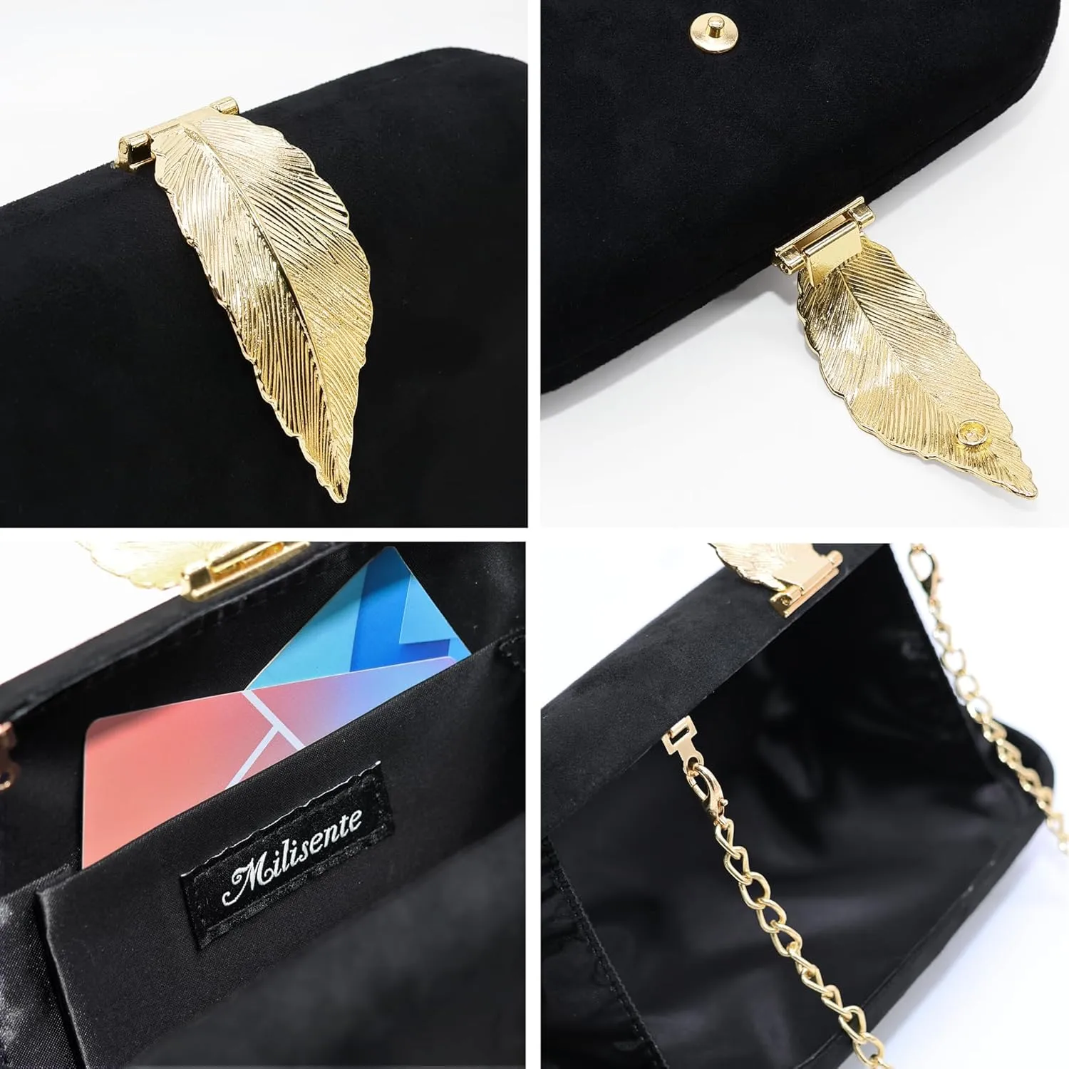 Milisente Clutch Purses For Women, Solid Suede Evening Clutch Bag Shoulder Bag With Metallic Leaves Clasp