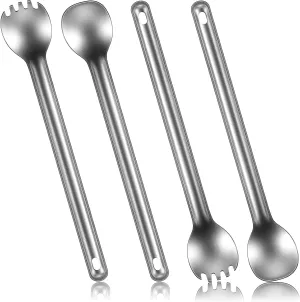 Minatee 4 Pieces Titanium Long Handle Spork and Spoon 8.4 Inch Ultralight Portable Flatware Lightweight Soup Spoon Camping Spork Utensil for Outdoor Camping Backpacking Hiking Travel Picnic (Silver)