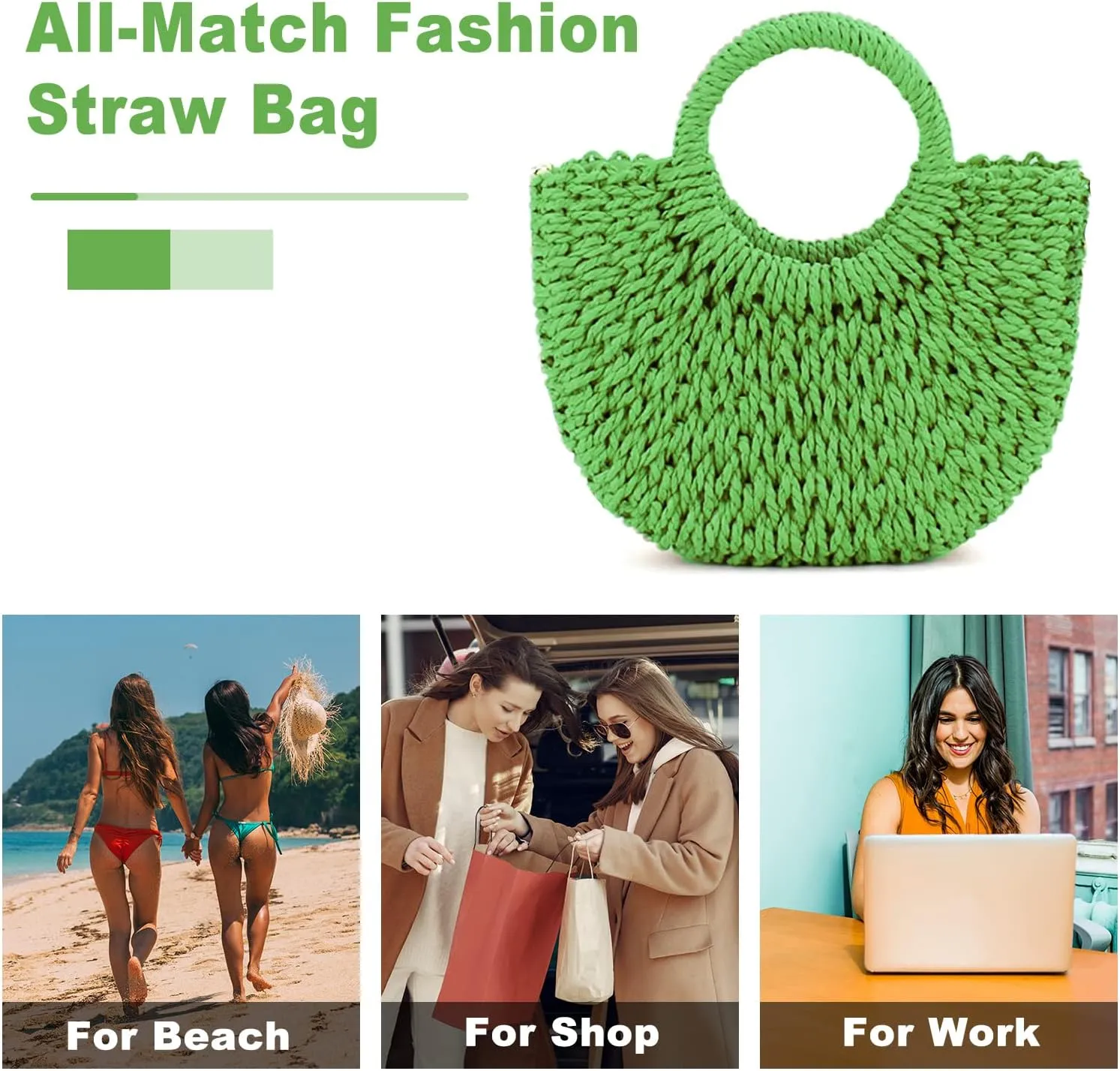 Mini Semi-circle Rattan Straw Bag, Hand-woven Women Summer Retro Beach Tote Shoulder Bag Crossbody Travel Beach Bag