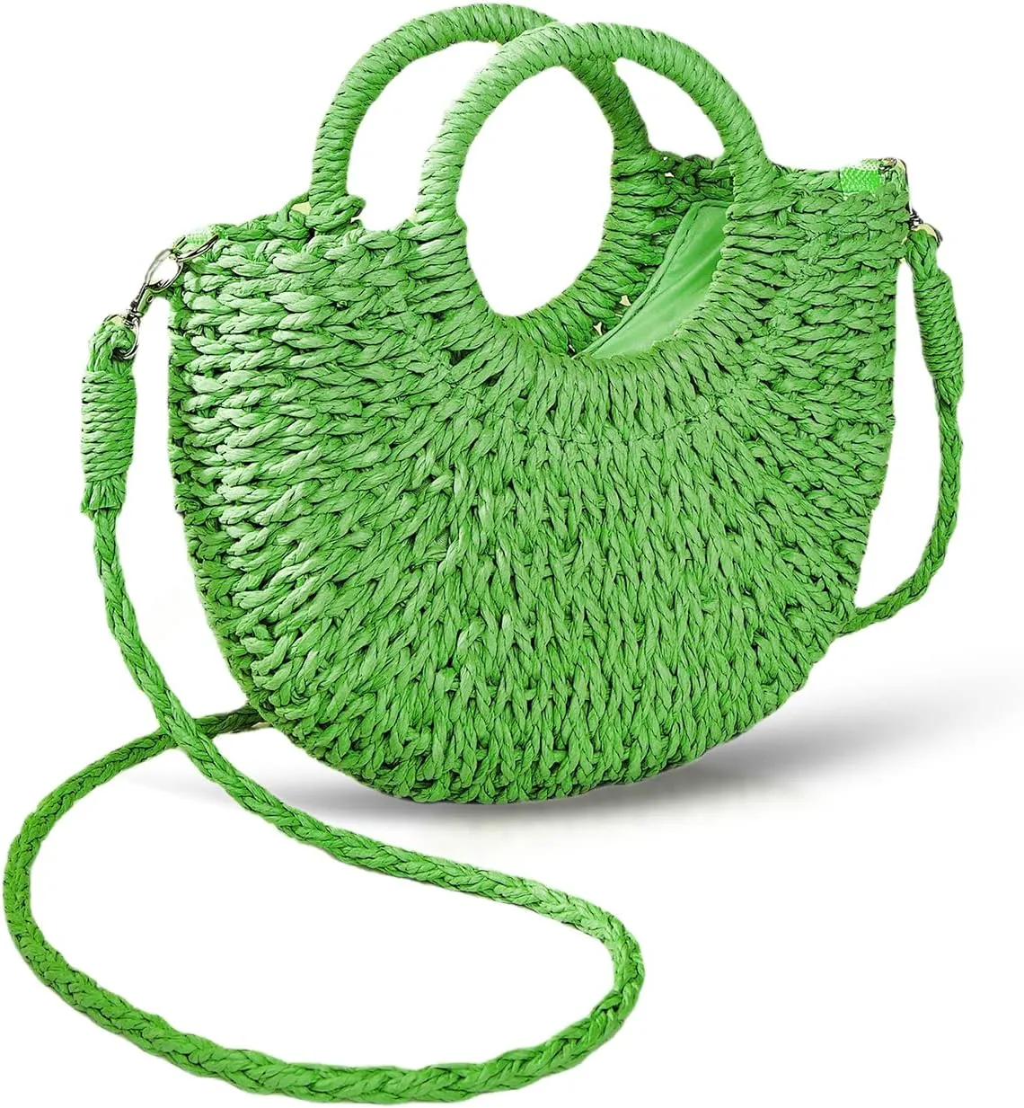 Mini Semi-circle Rattan Straw Bag, Hand-woven Women Summer Retro Beach Tote Shoulder Bag Crossbody Travel Beach Bag
