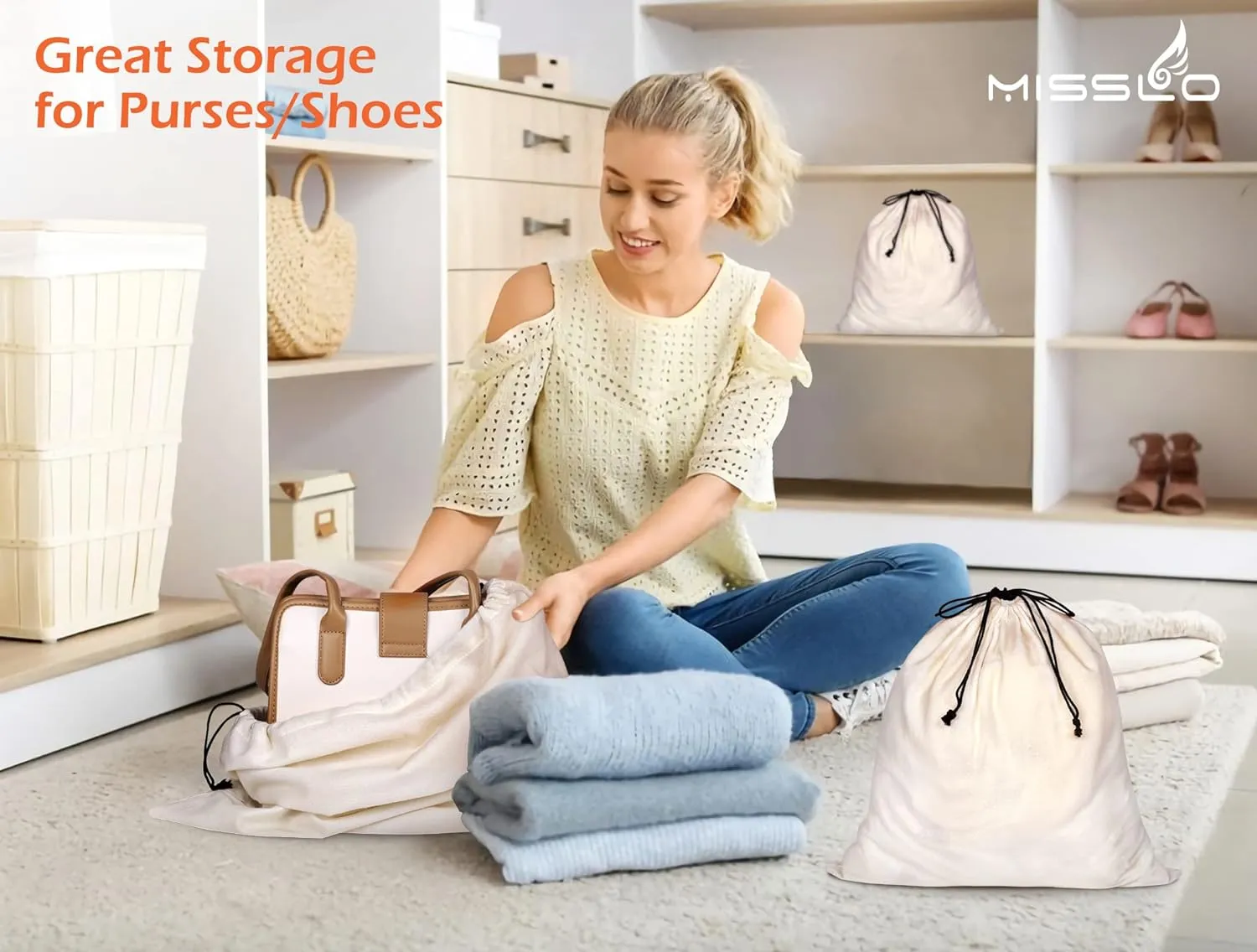 MISSLO Cotton Breathable Dust-proof Drawstring Storage Pouch Bag (Pack 3 M)