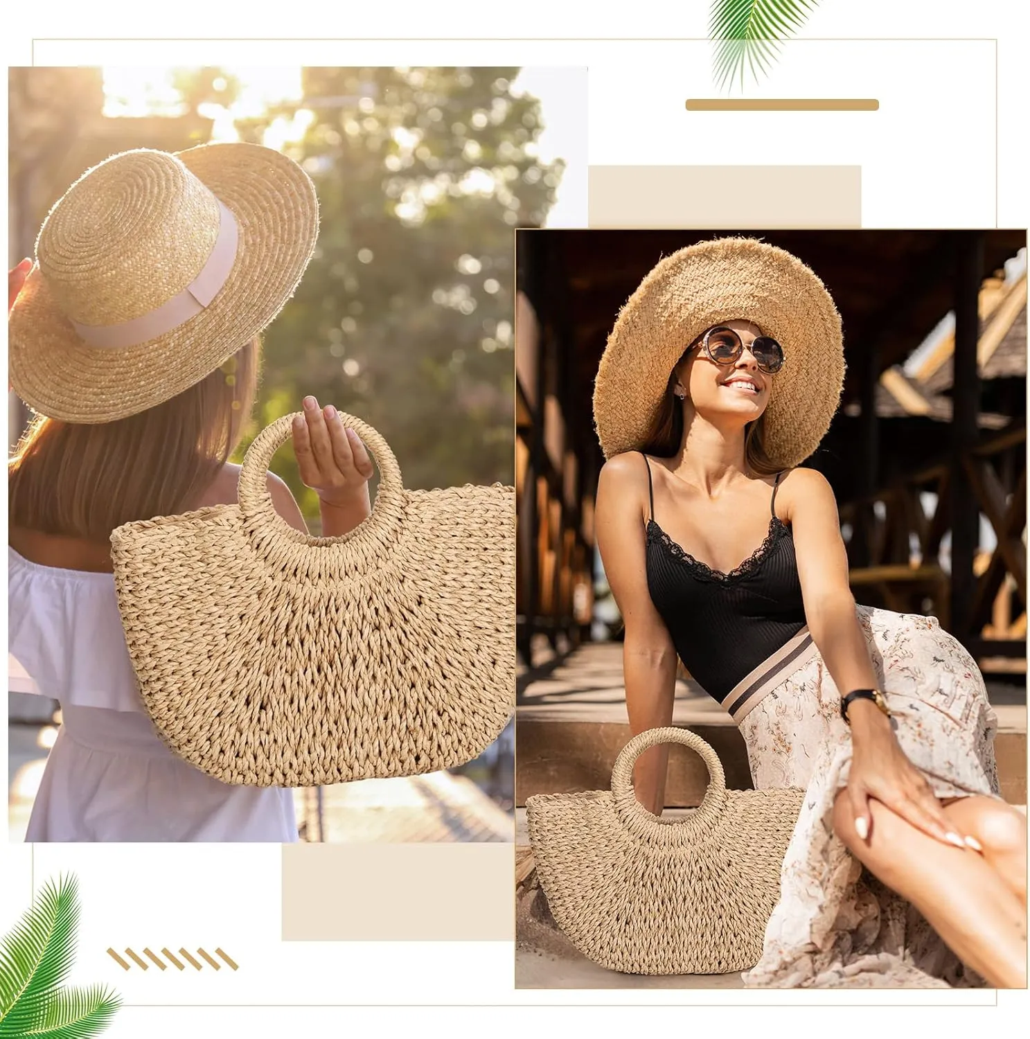 Mixweer 4 Pcs Straw Bag for Women Summer Travel Rattan Woven Raffia Beach Handbags Handle Big Capacity Tote Clutch Bags 2024