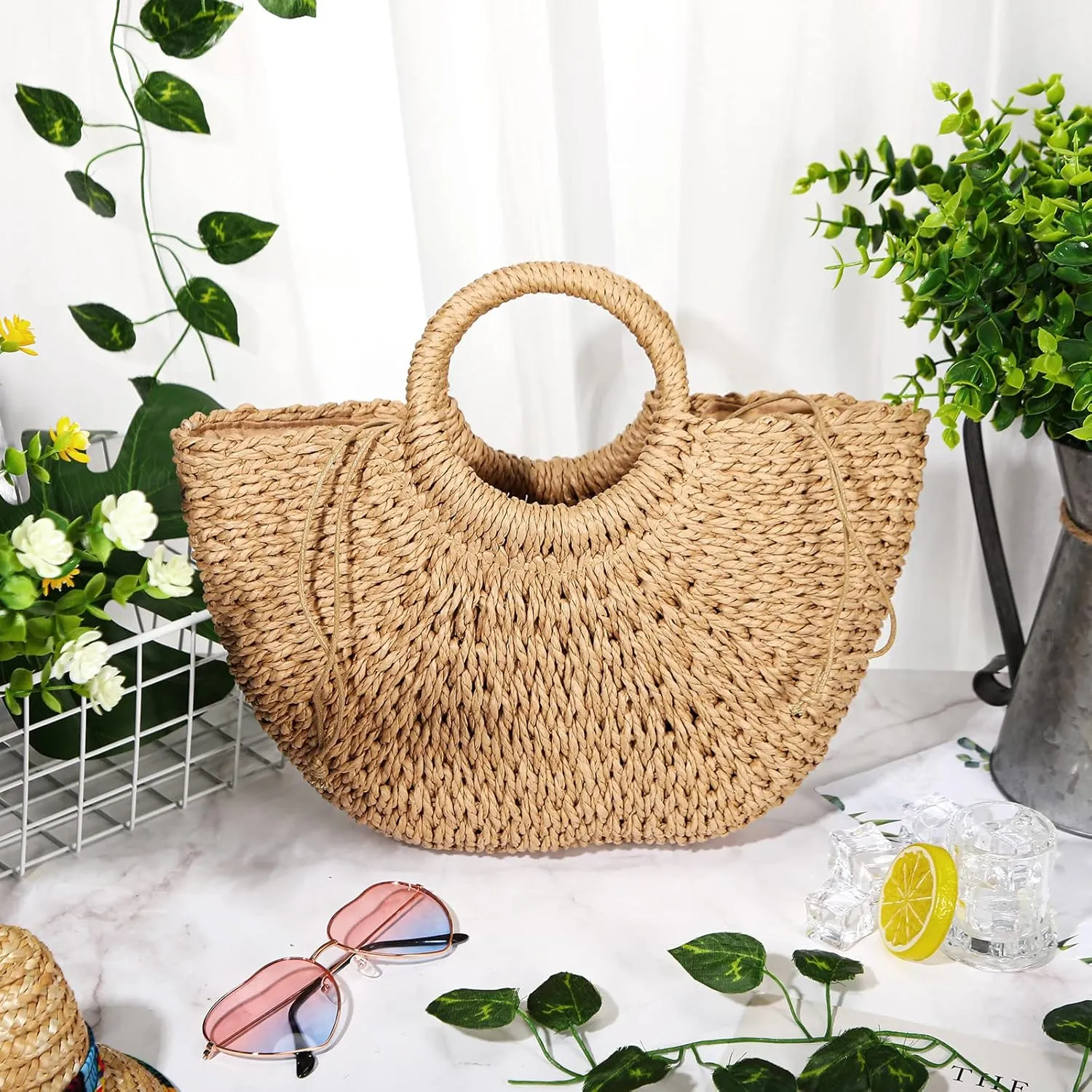 Mixweer 4 Pcs Straw Bag for Women Summer Travel Rattan Woven Raffia Beach Handbags Handle Big Capacity Tote Clutch Bags 2024
