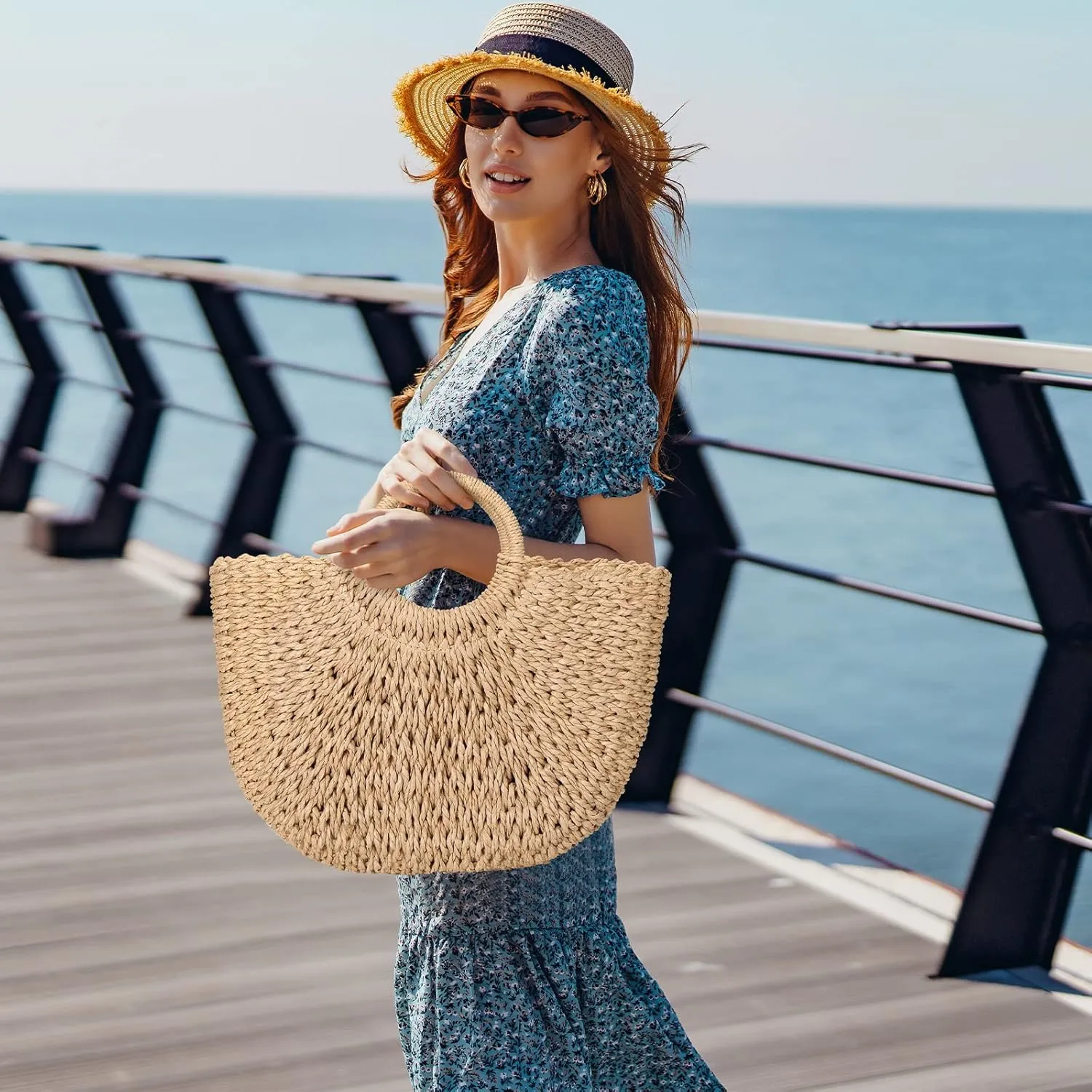 Mixweer 4 Pcs Straw Bag for Women Summer Travel Rattan Woven Raffia Beach Handbags Handle Big Capacity Tote Clutch Bags 2024