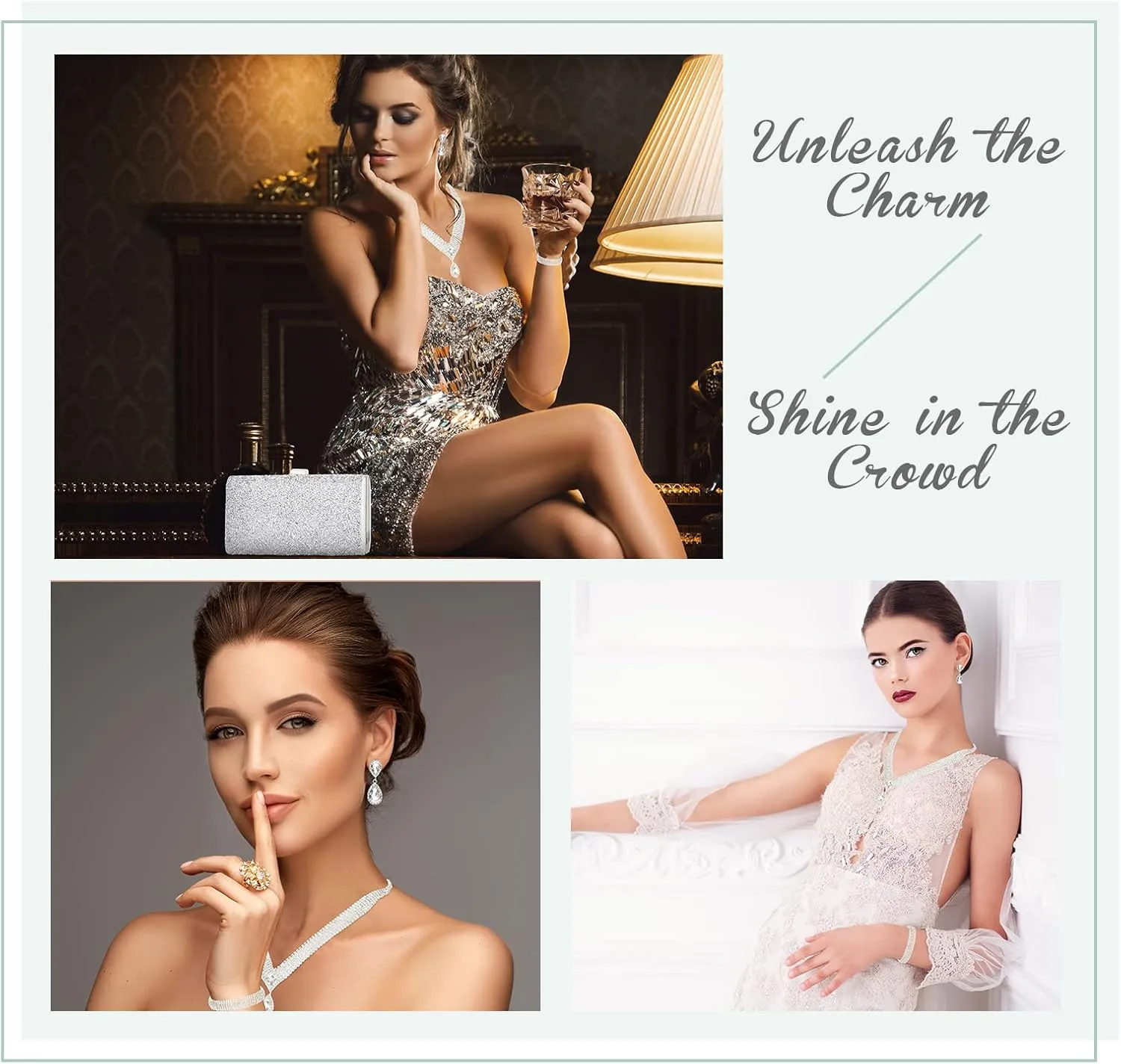 Mixweer 4 Pieces Clutch Purses Bag for Women Evening Rhinestone Jewelry Set Bling Necklace Earrings Bracelets Set for Wedding