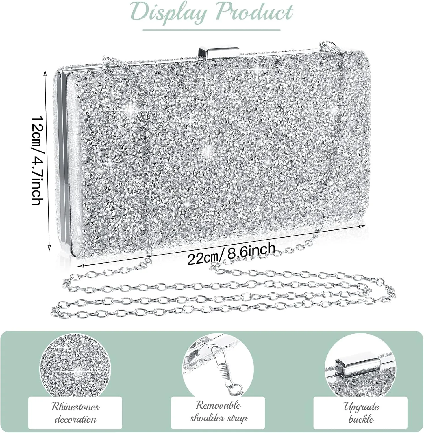 Mixweer 4 Pieces Clutch Purses Bag for Women Evening Rhinestone Jewelry Set Bling Necklace Earrings Bracelets Set for Wedding