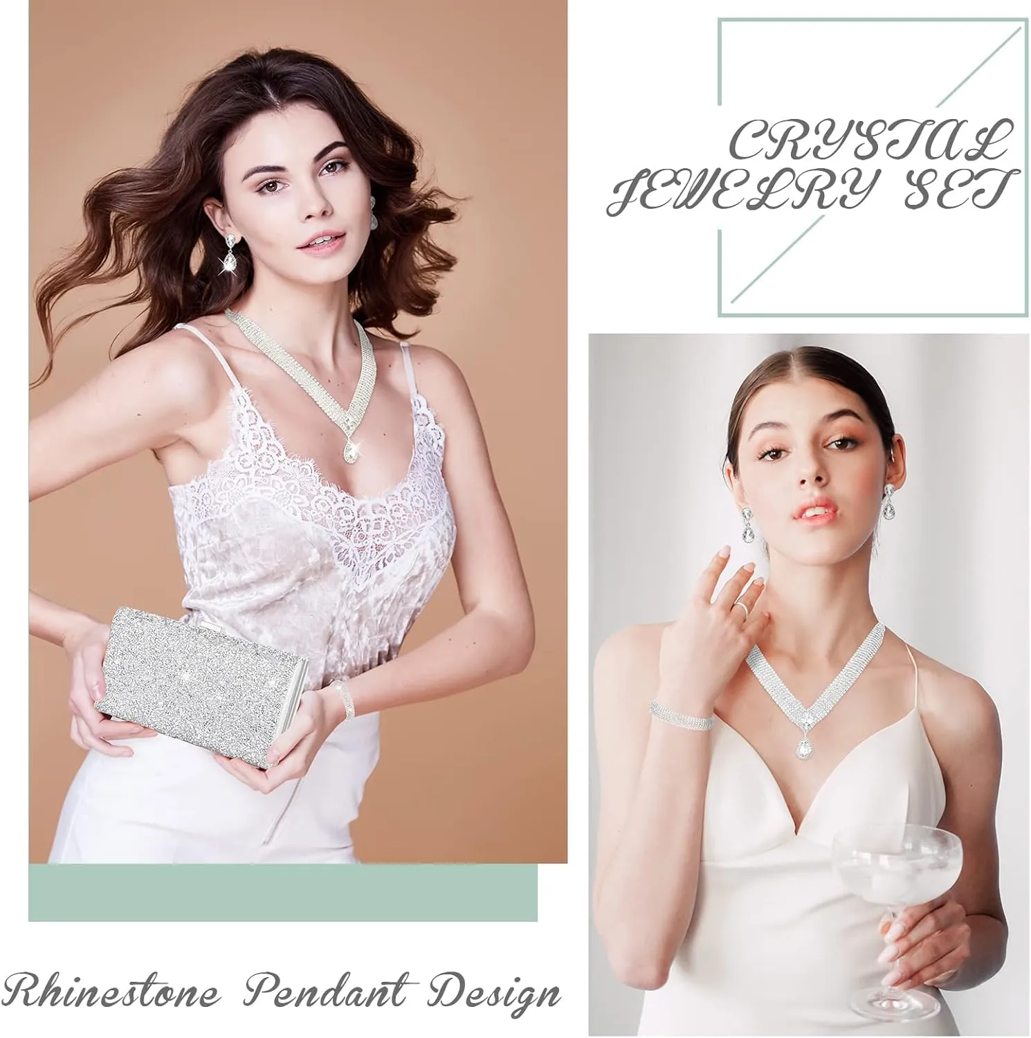Mixweer 4 Pieces Clutch Purses Bag for Women Evening Rhinestone Jewelry Set Bling Necklace Earrings Bracelets Set for Wedding