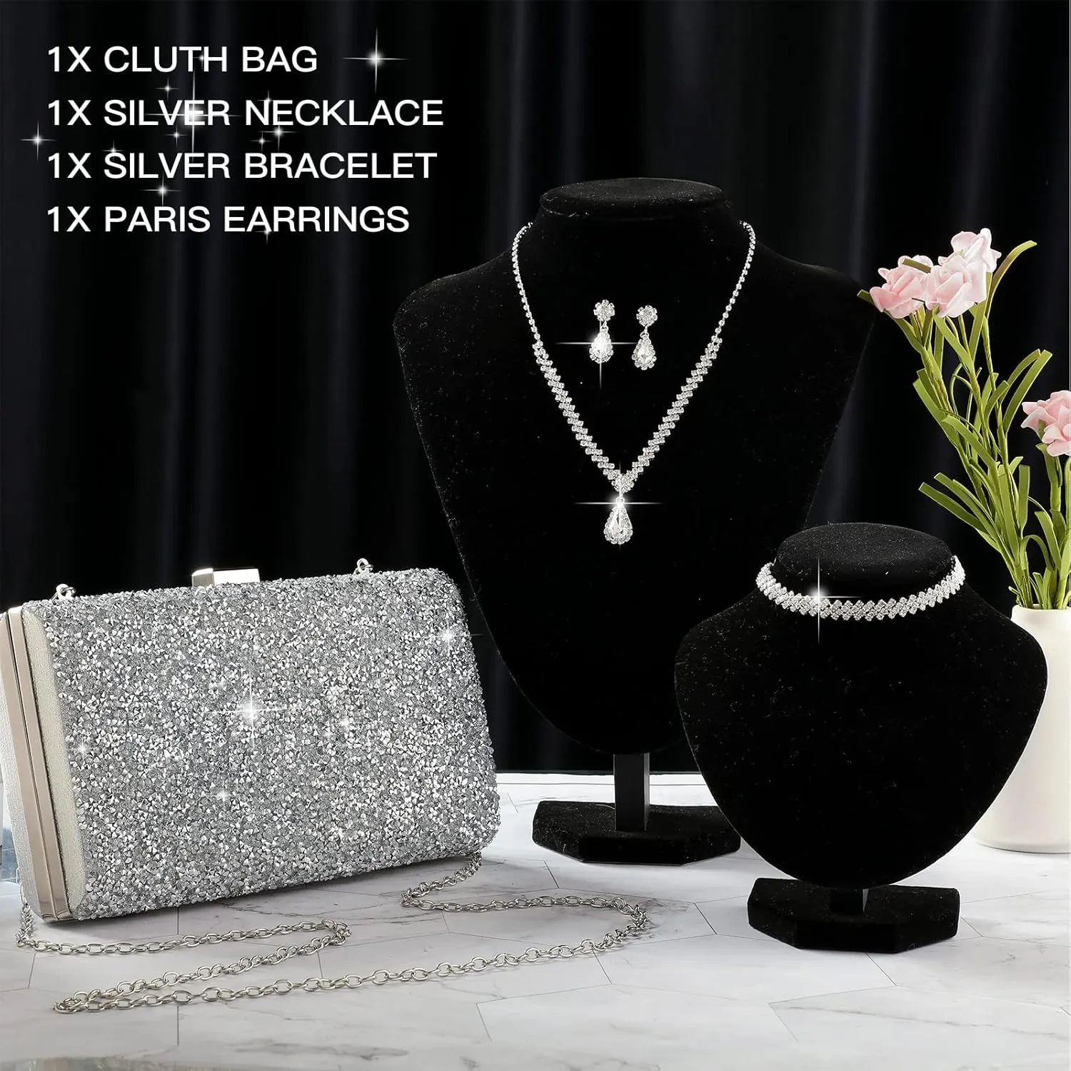 Mixweer 4 Pieces Clutch Purses Bag for Women Evening Rhinestone Jewelry Set Bling Necklace Earrings Bracelets Set for Wedding